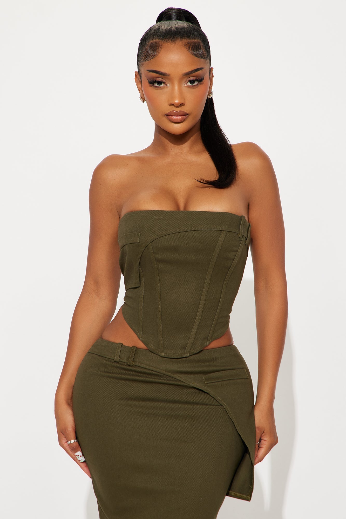 State Of Mind Stretch Twill Cargo Maxi Skirt Set - Olive