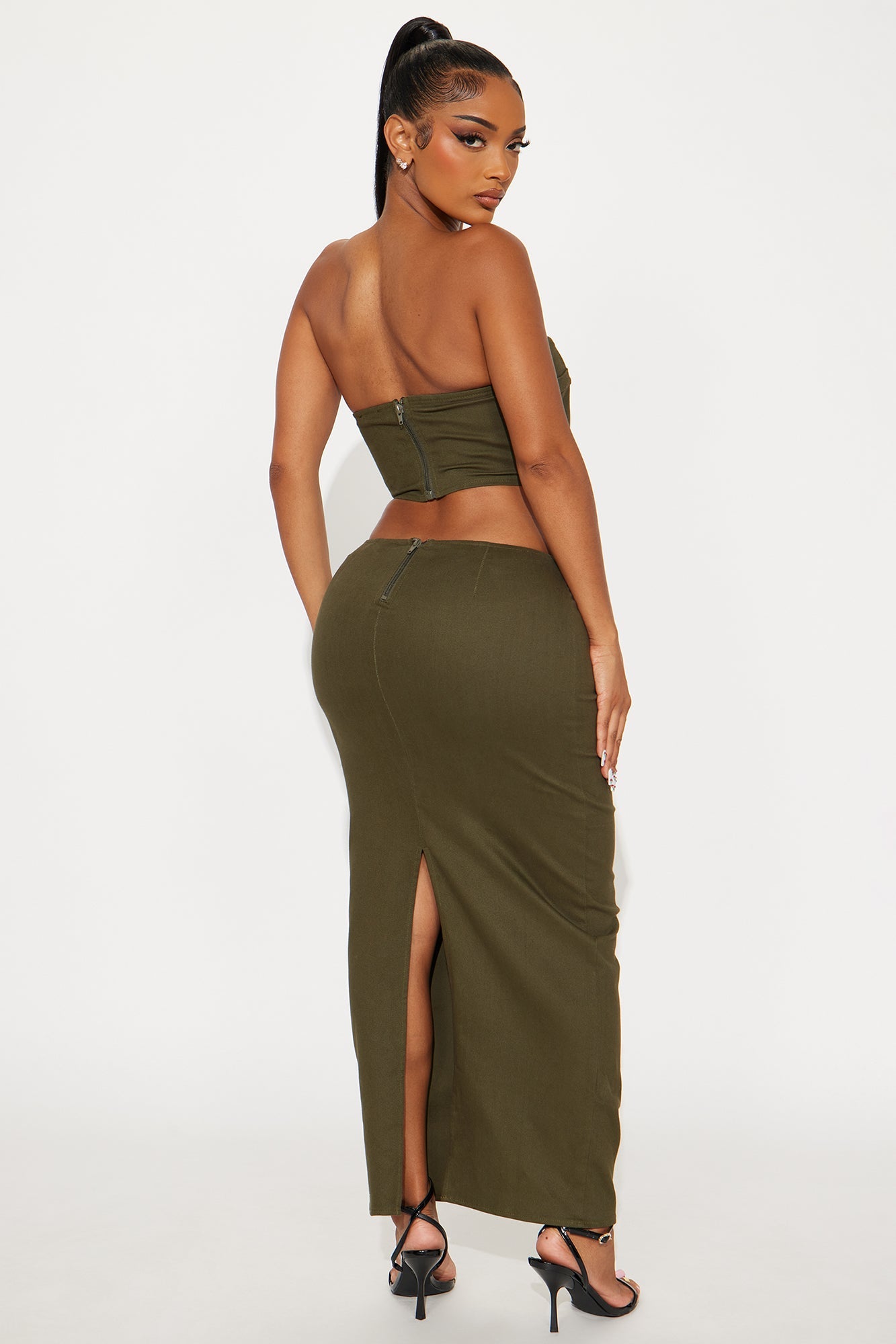 State Of Mind Stretch Twill Cargo Maxi Skirt Set - Olive