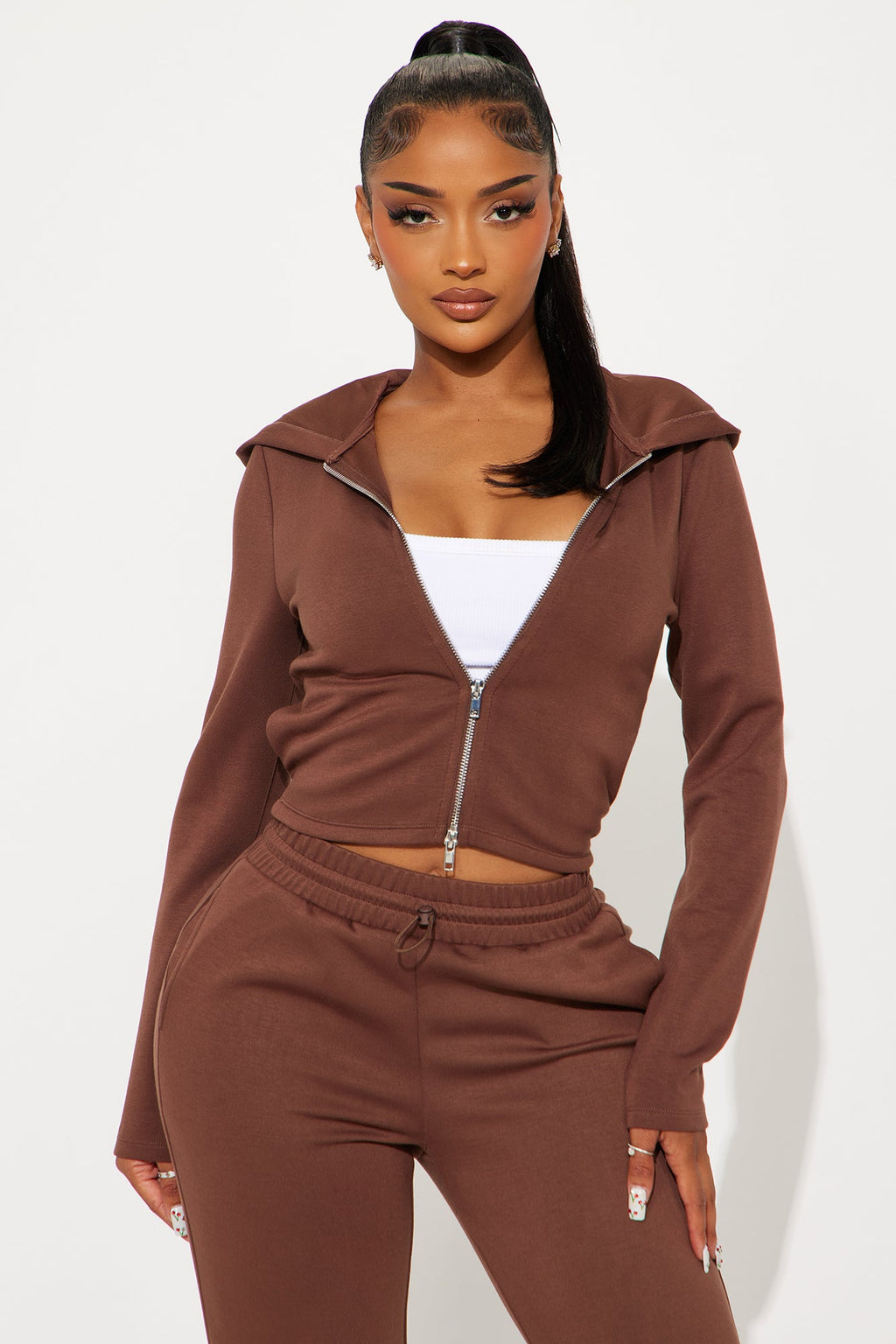 Monica Soft Scuba Zip Hoodie Pant Set - Brown
