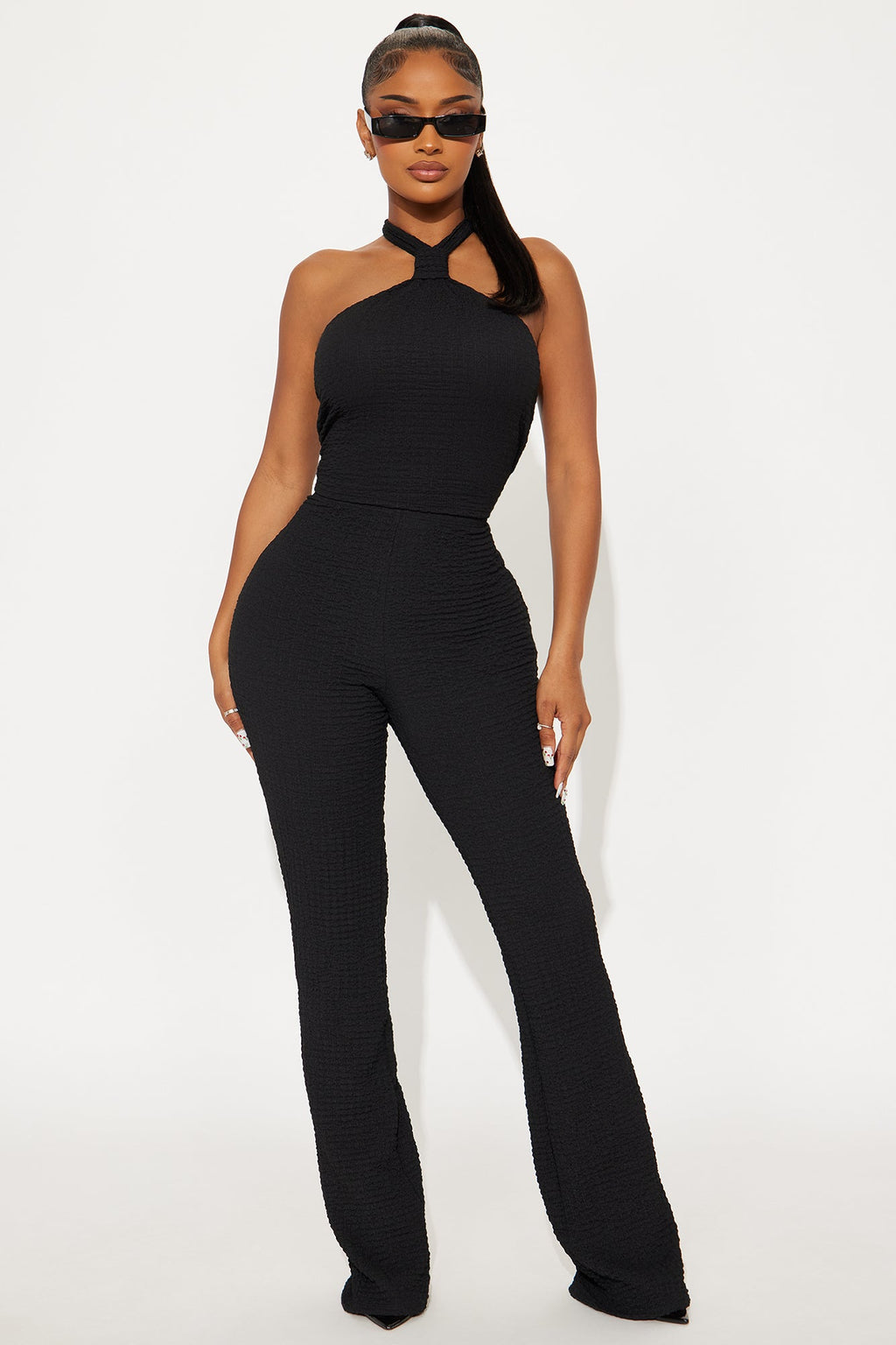 Ana Textured Halter Pant Set - Black