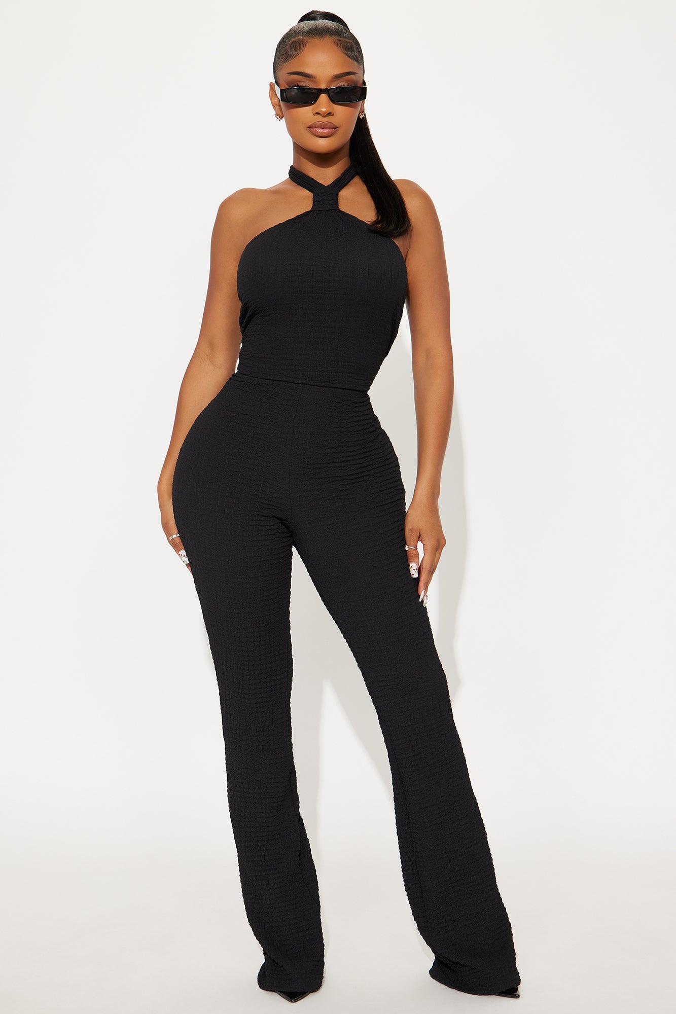 Ana Textured Halter Pant Set - Black