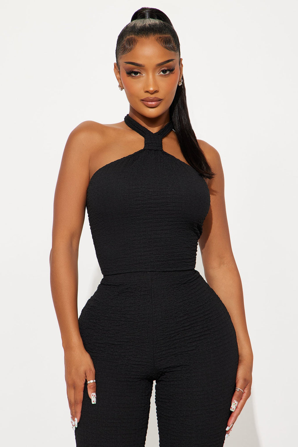 Ana Textured Halter Pant Set - Black