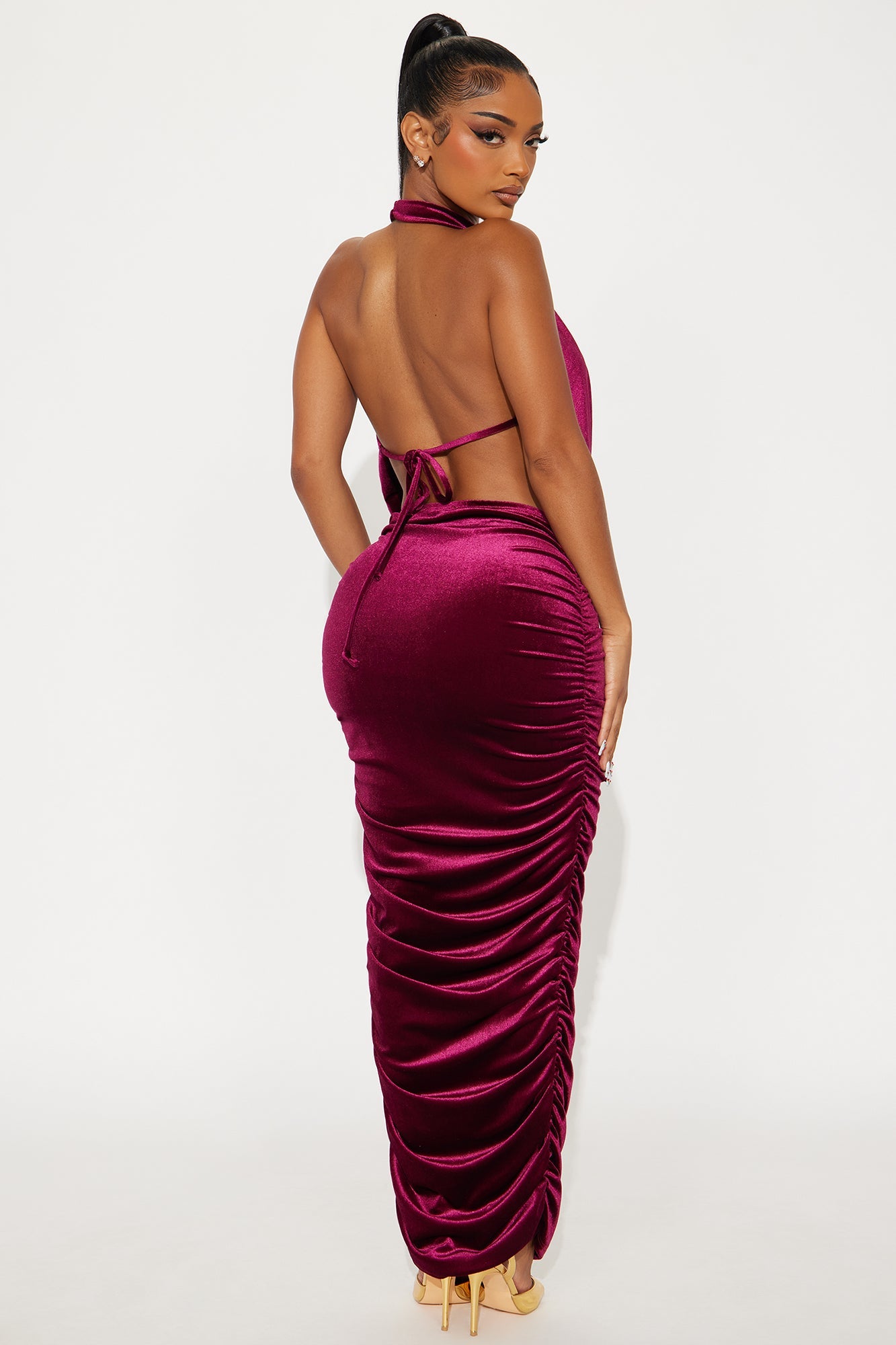 Shayna Cowl Halter Velvet Maxi Skirt Set - Wine