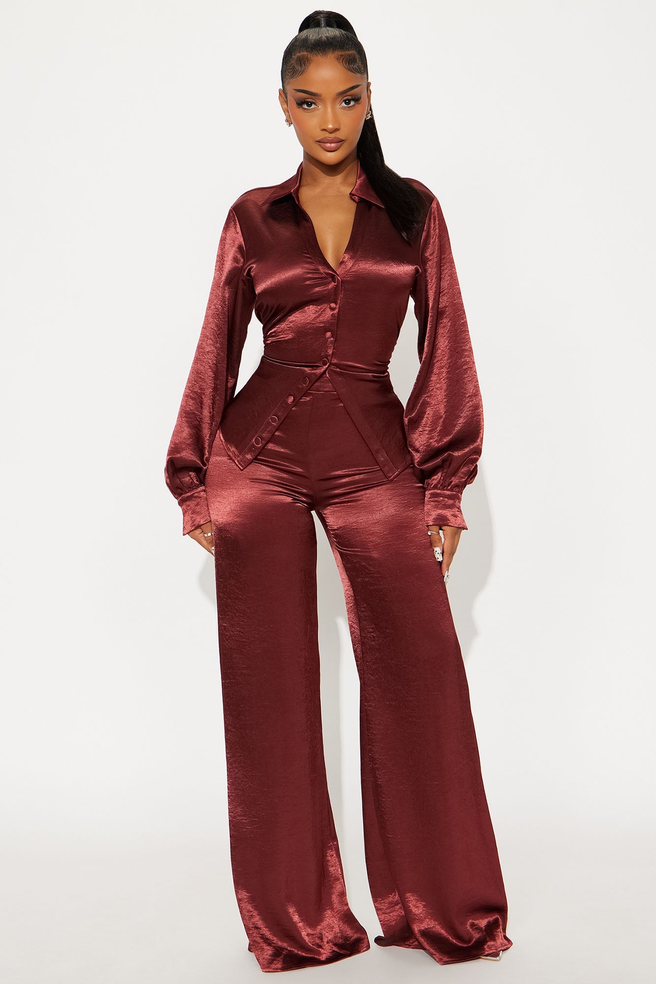 Sydney Satin Shirt Pant Set - Burgundy 
