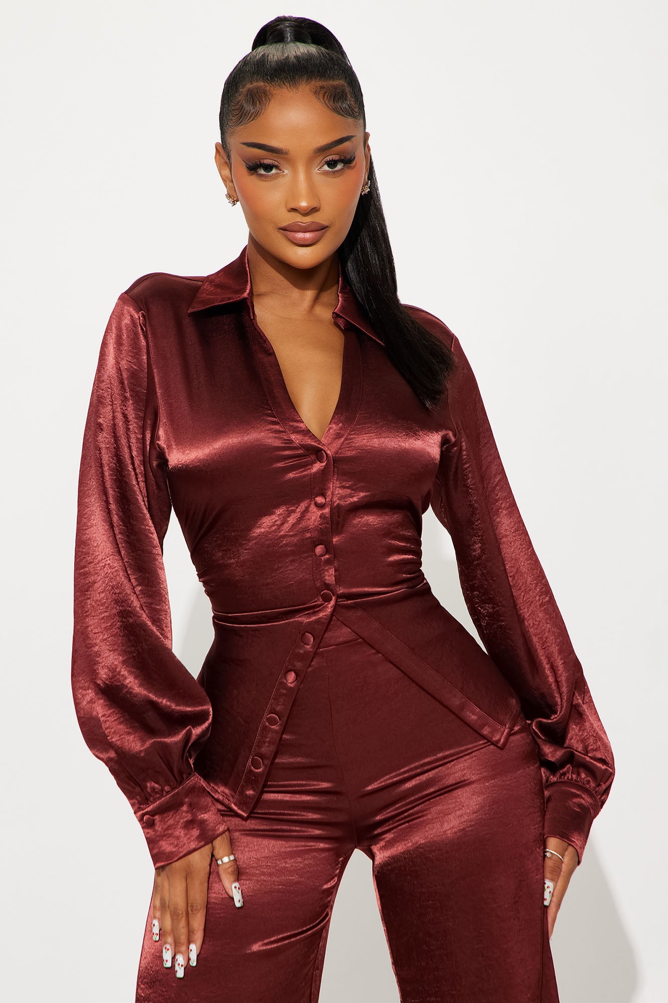 Sydney Satin Shirt Pant Set - Burgundy 