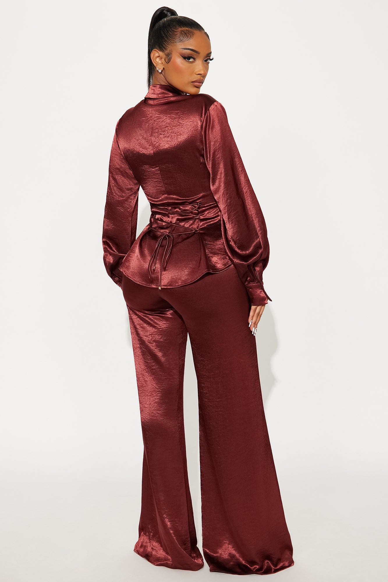 Sydney Satin Shirt Pant Set - Burgundy 