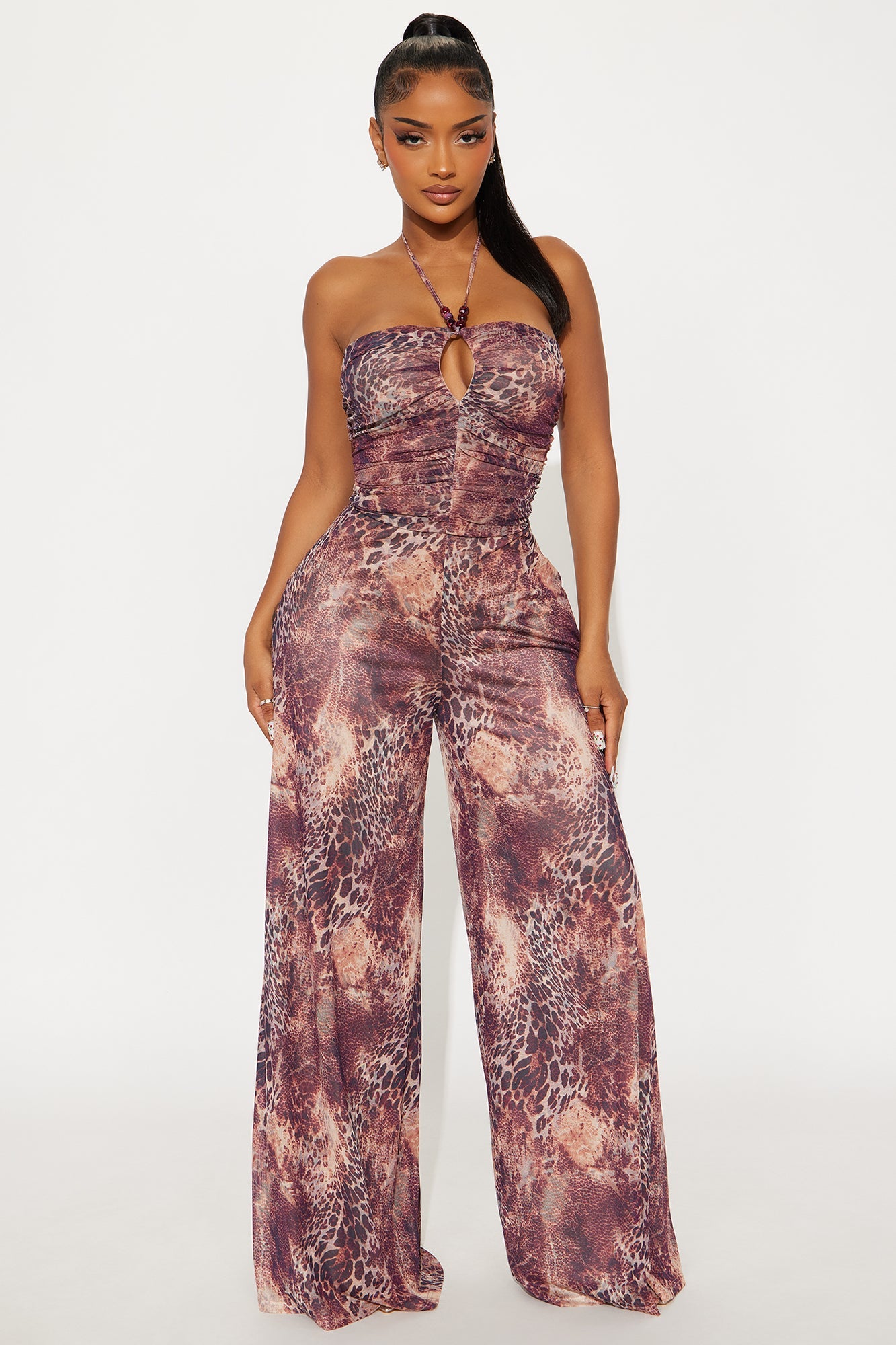 Solana Mesh Leopard Wide Leg Jumpsuit - Burgundy/combo