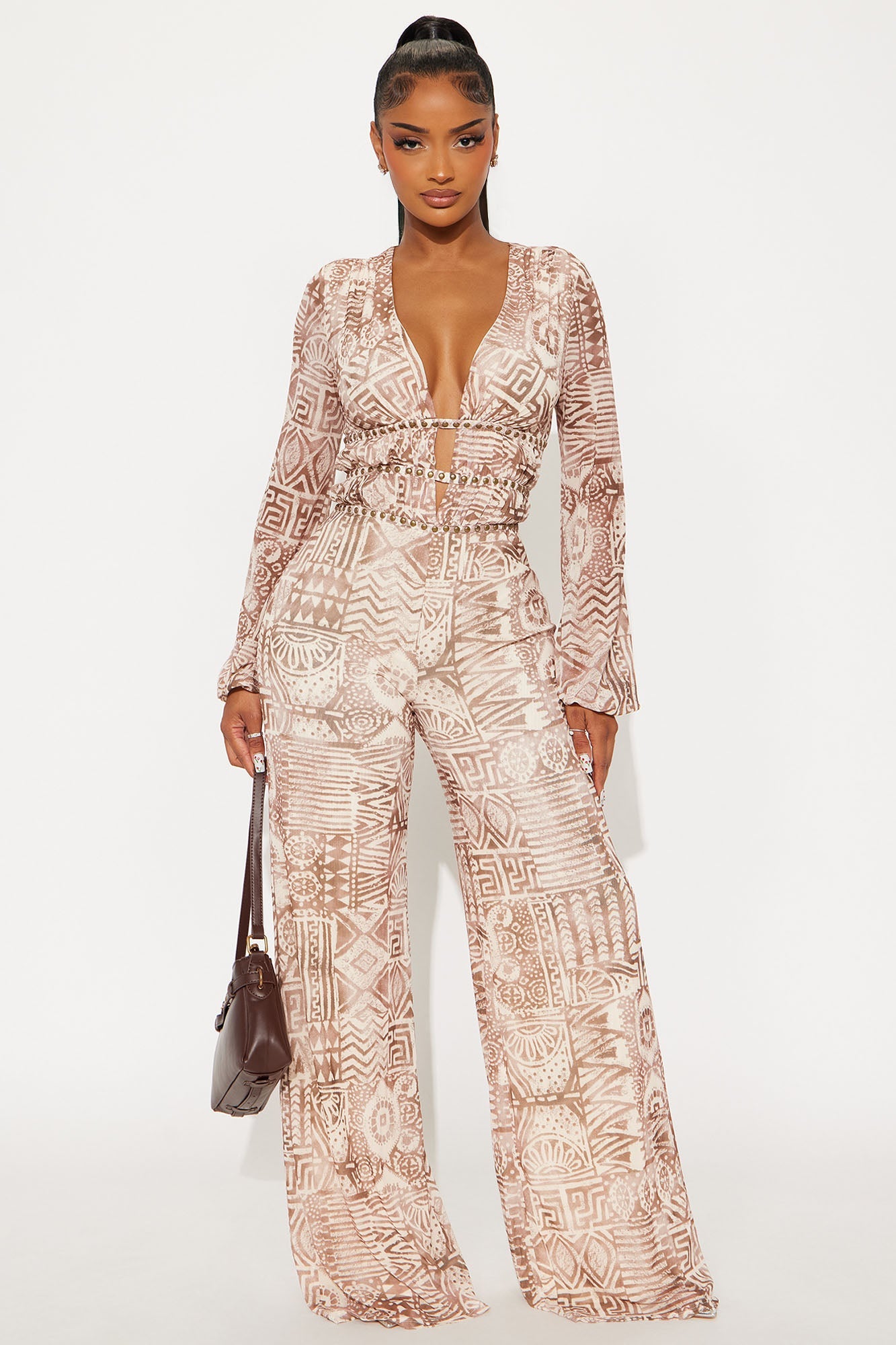 Luna Studded Mesh Wide Leg Jumpsuits - Brown/combo