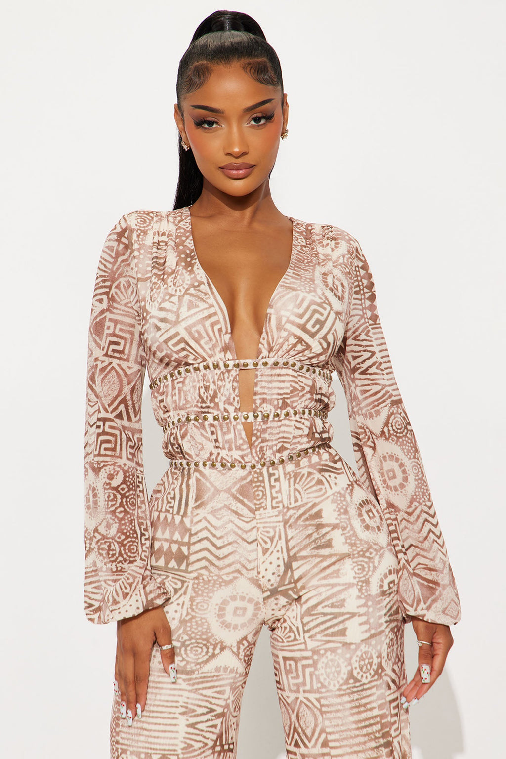 Luna Studded Mesh Wide Leg Jumpsuits - Brown/combo