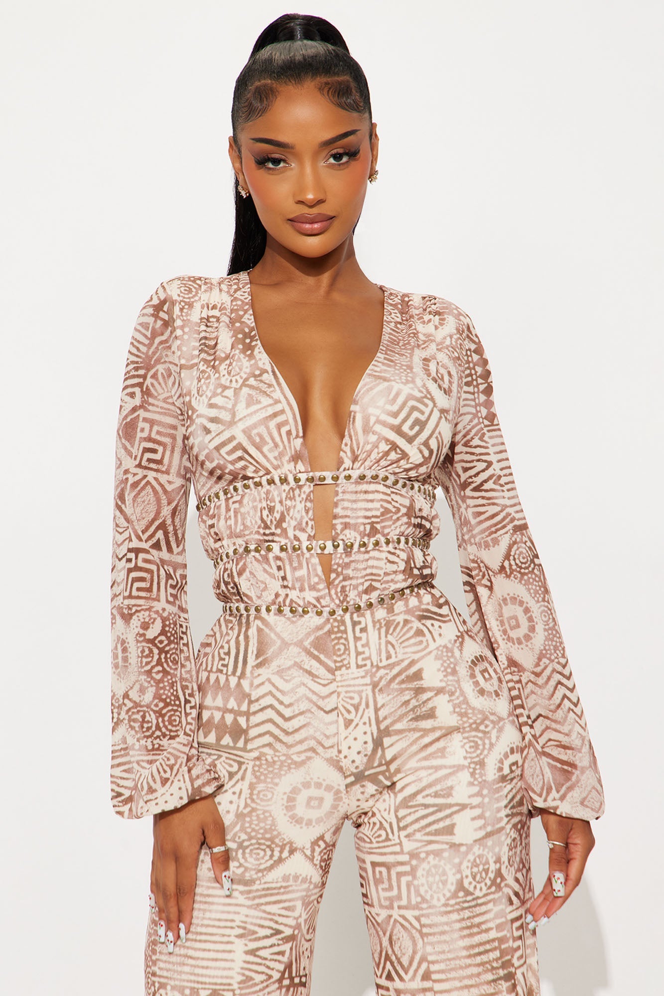Luna Studded Mesh Wide Leg Jumpsuits - Brown/combo