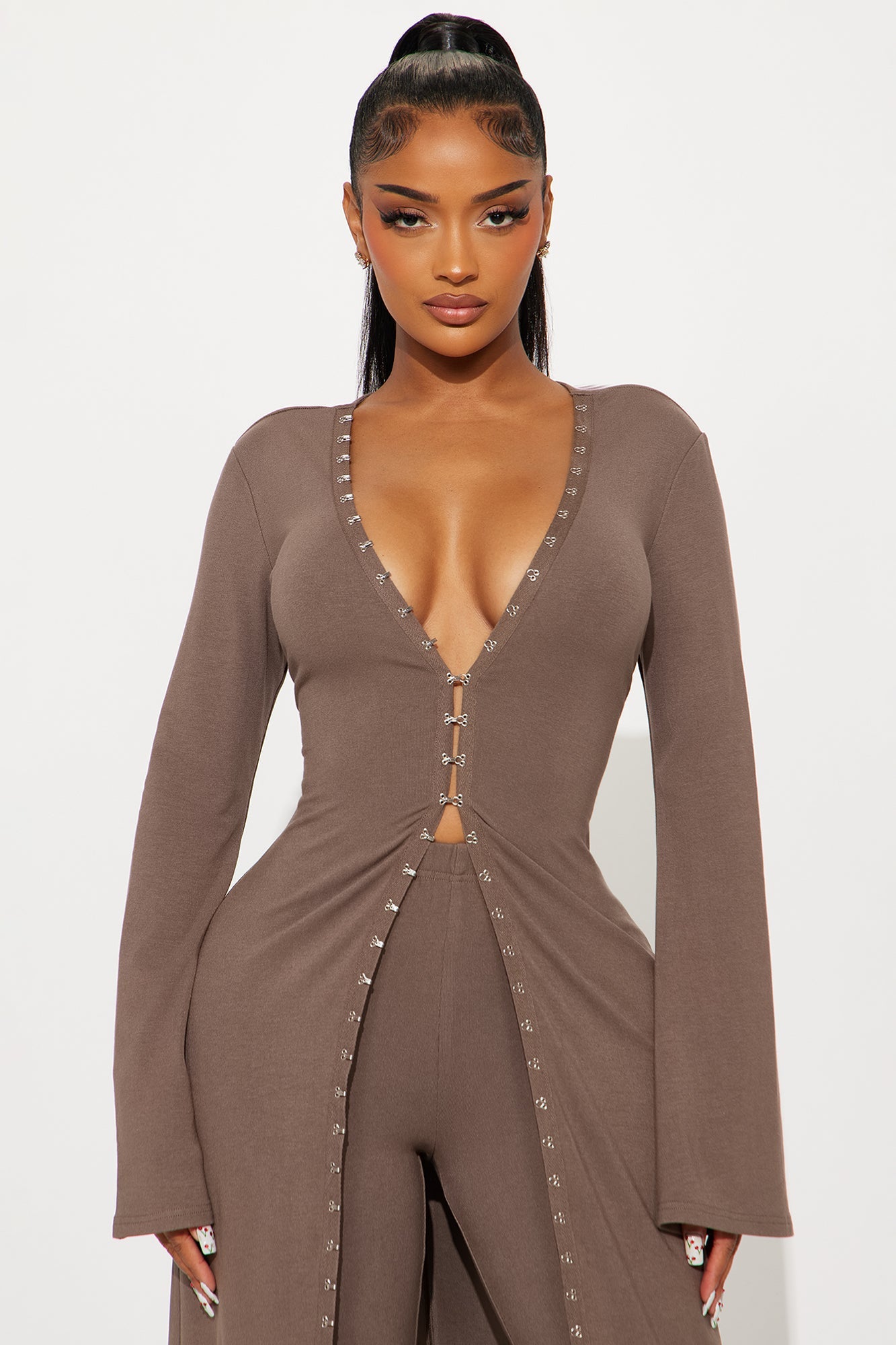 Dont Make Me Blush Long Cardigan Pant Set - Charcoal
