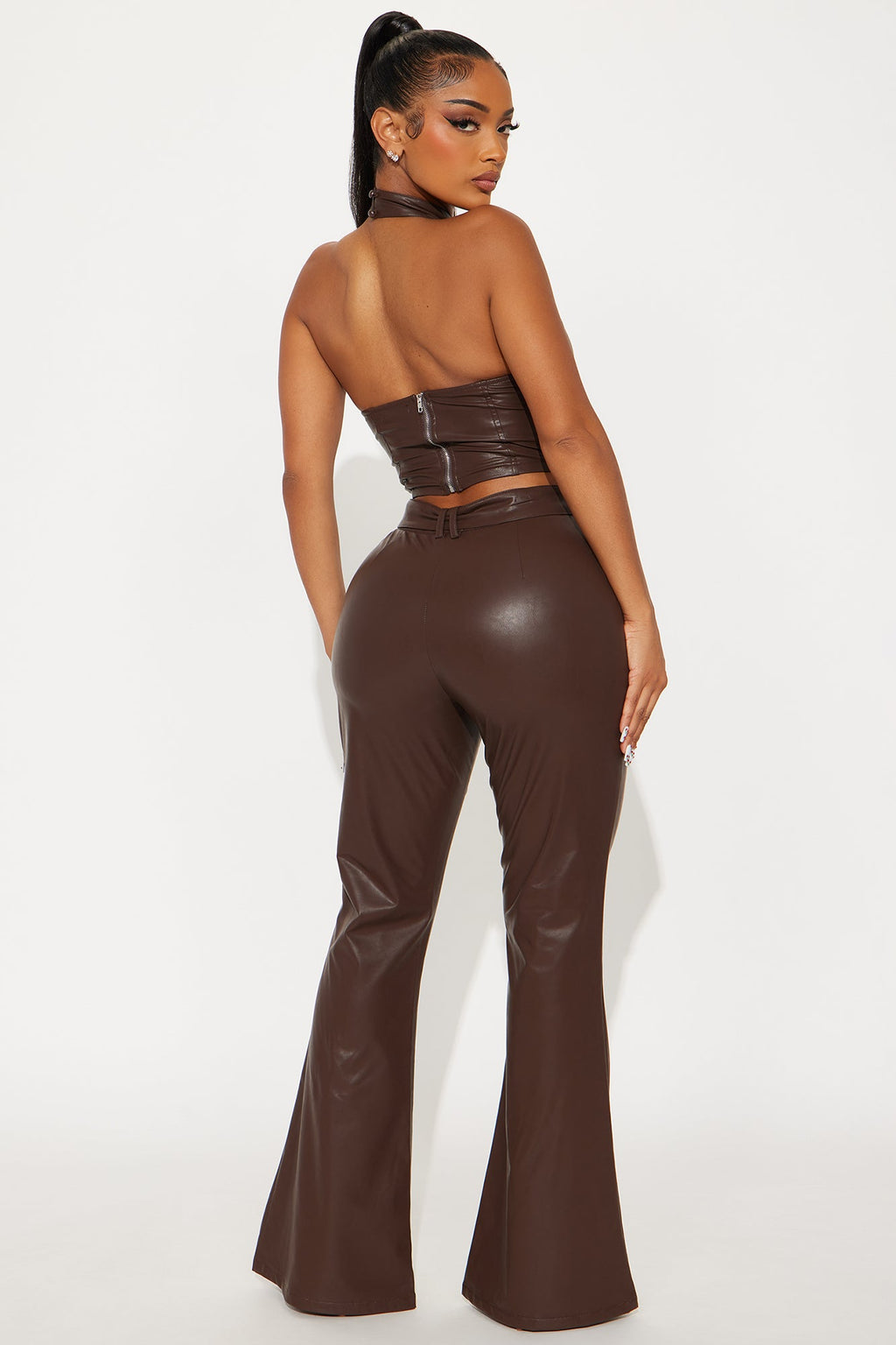 Lena Faux Leather Flare Pant Set - Chocolate