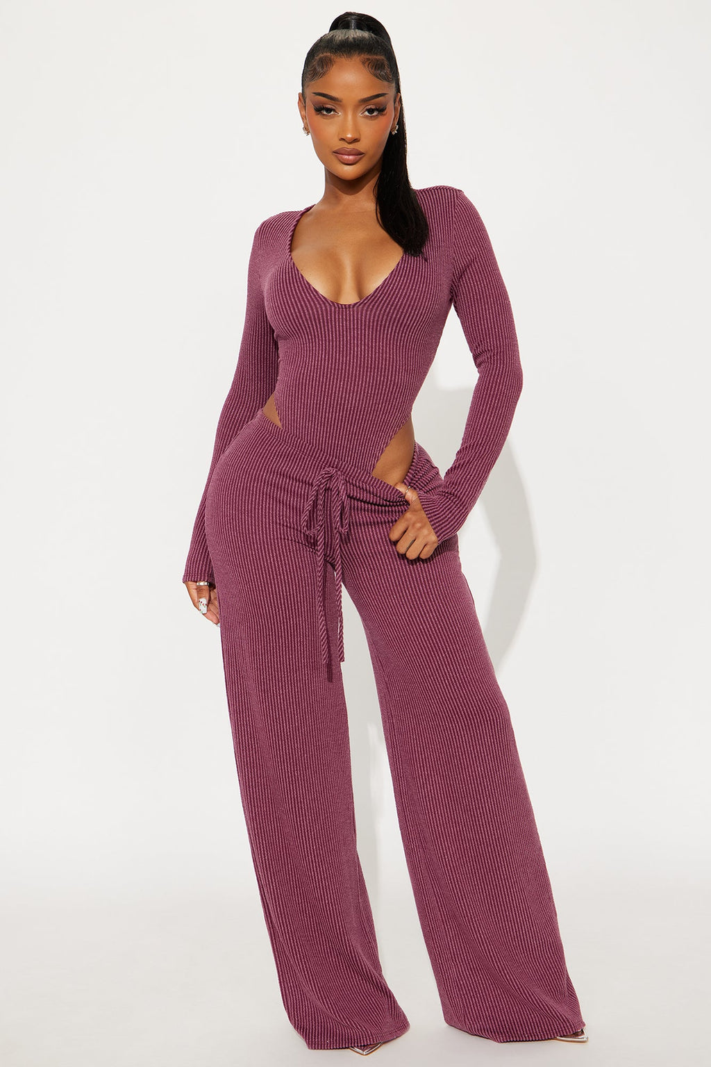 Paulette Long Sleeve Ribbed Bodysuit Pant Set - Burgundy