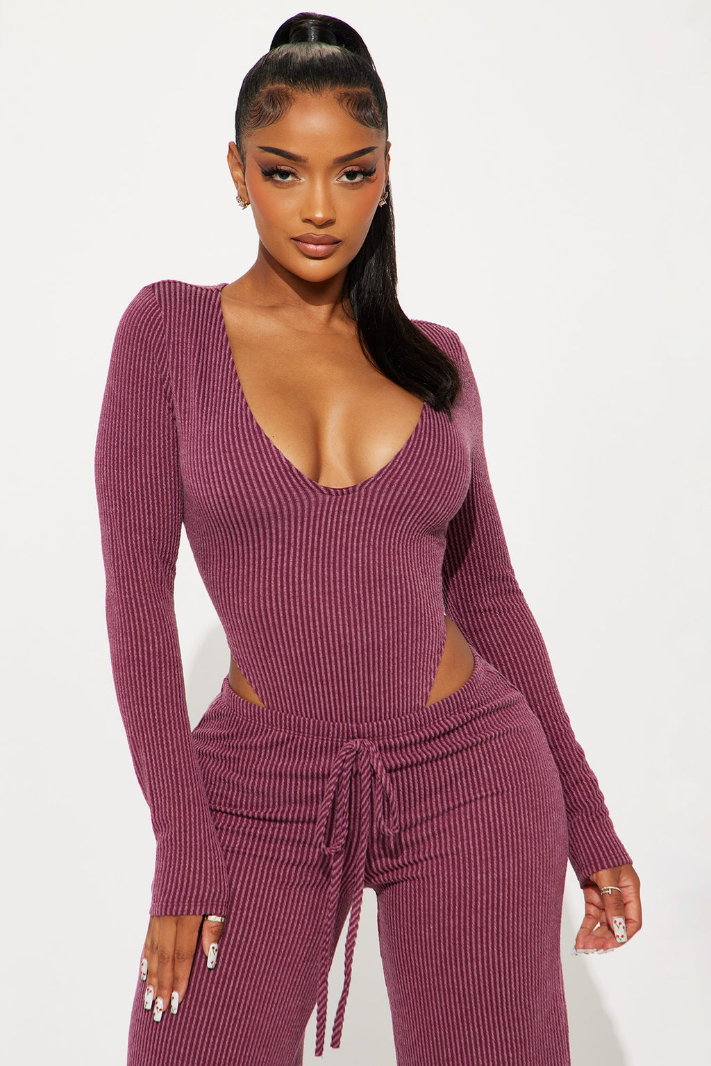 Paulette Long Sleeve Ribbed Bodysuit Pant Set - Burgundy