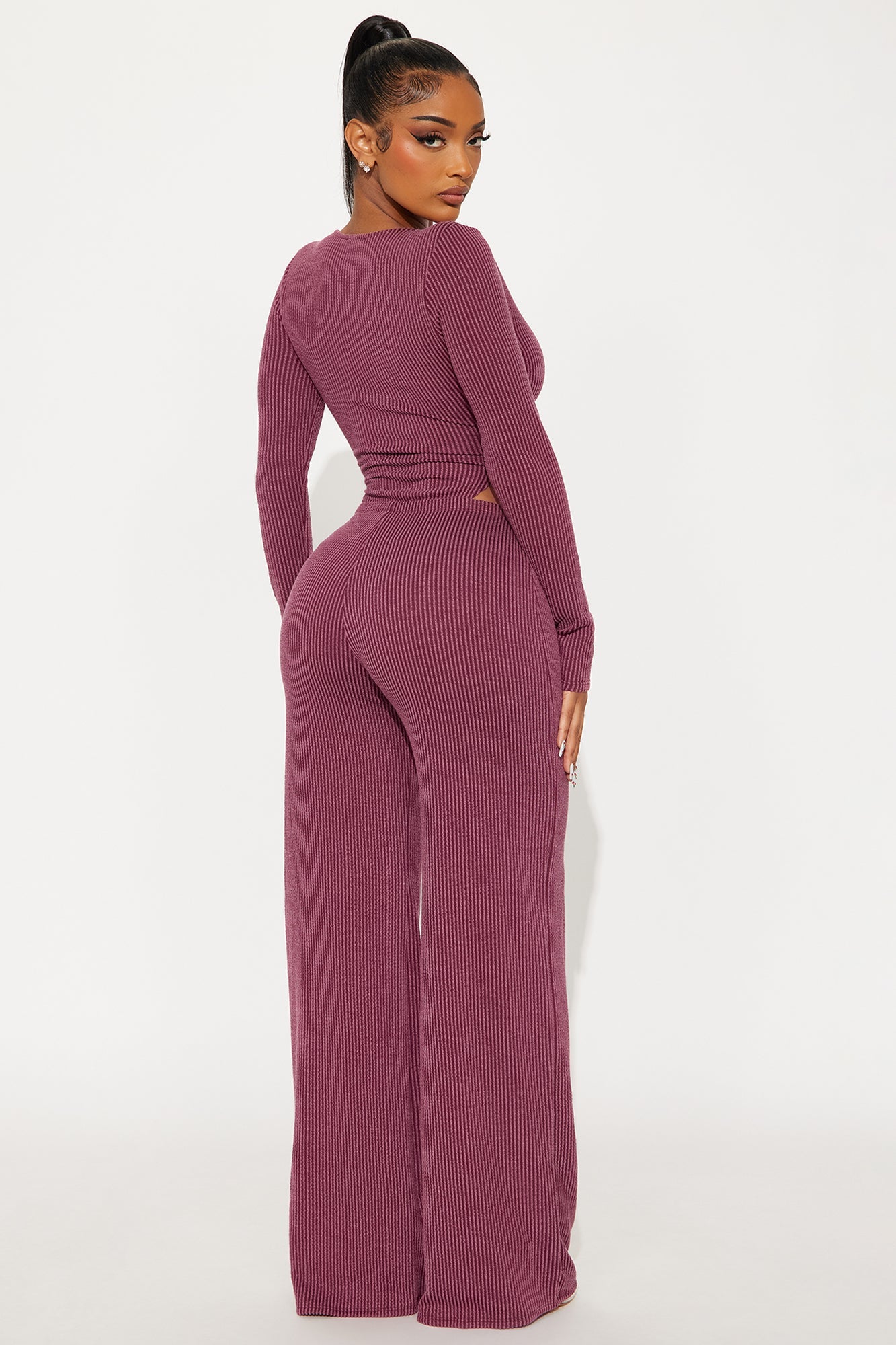 Paulette Long Sleeve Ribbed Bodysuit Pant Set - Burgundy