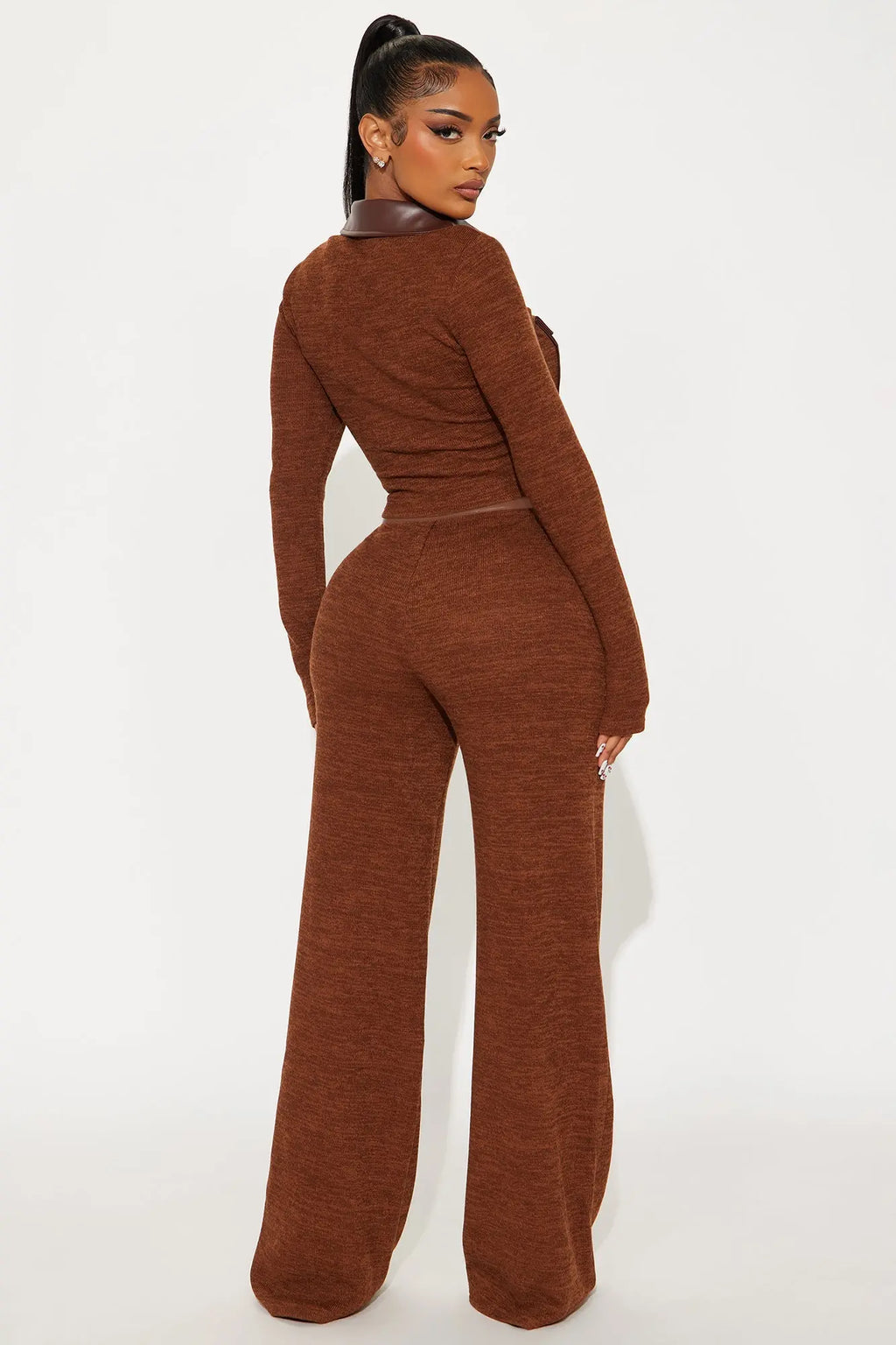 Elonna Faux Leather Trim Pant Set - Brown 