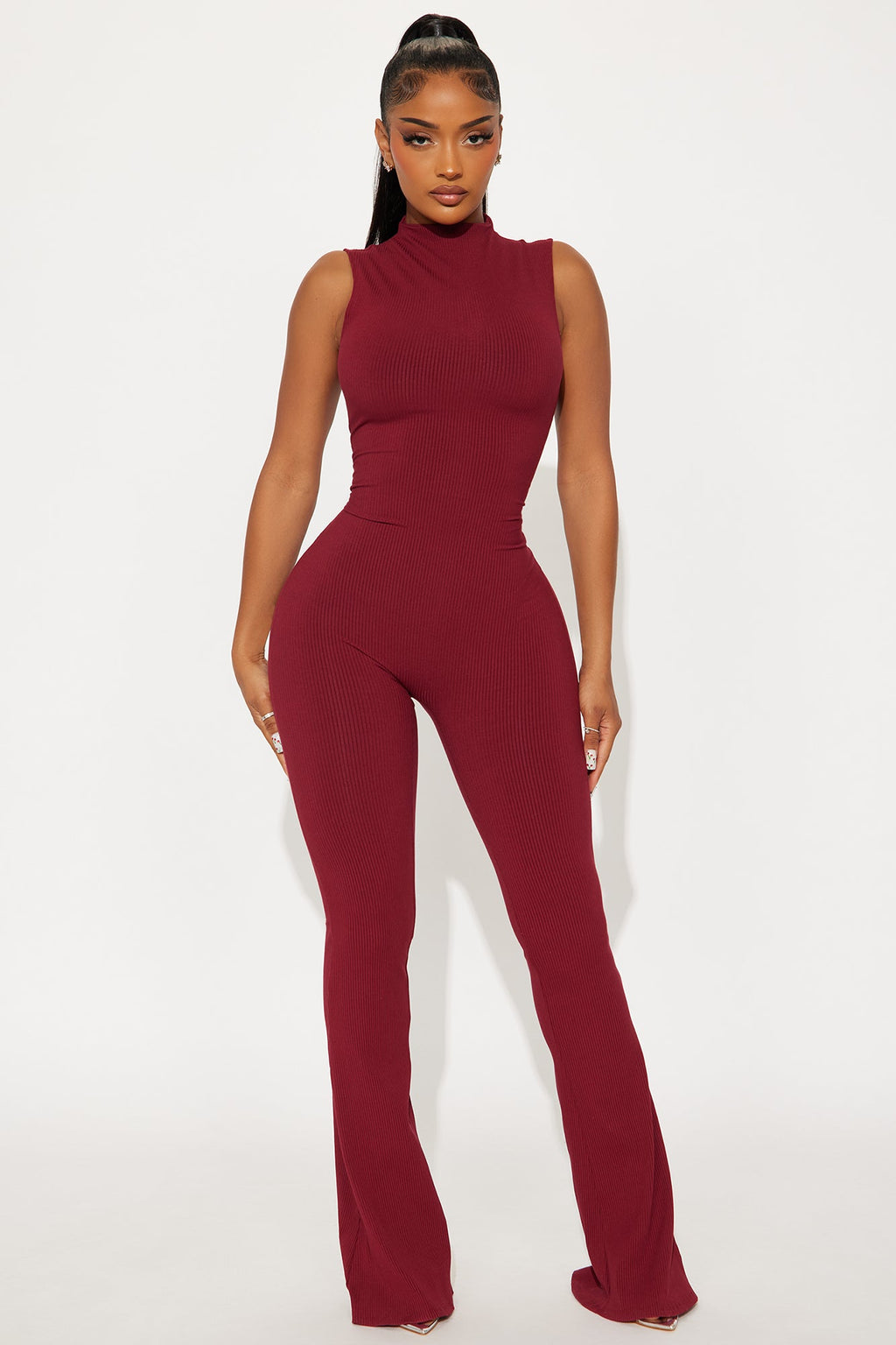 Amber Snatched Flare Jumpsuit - Burgundy