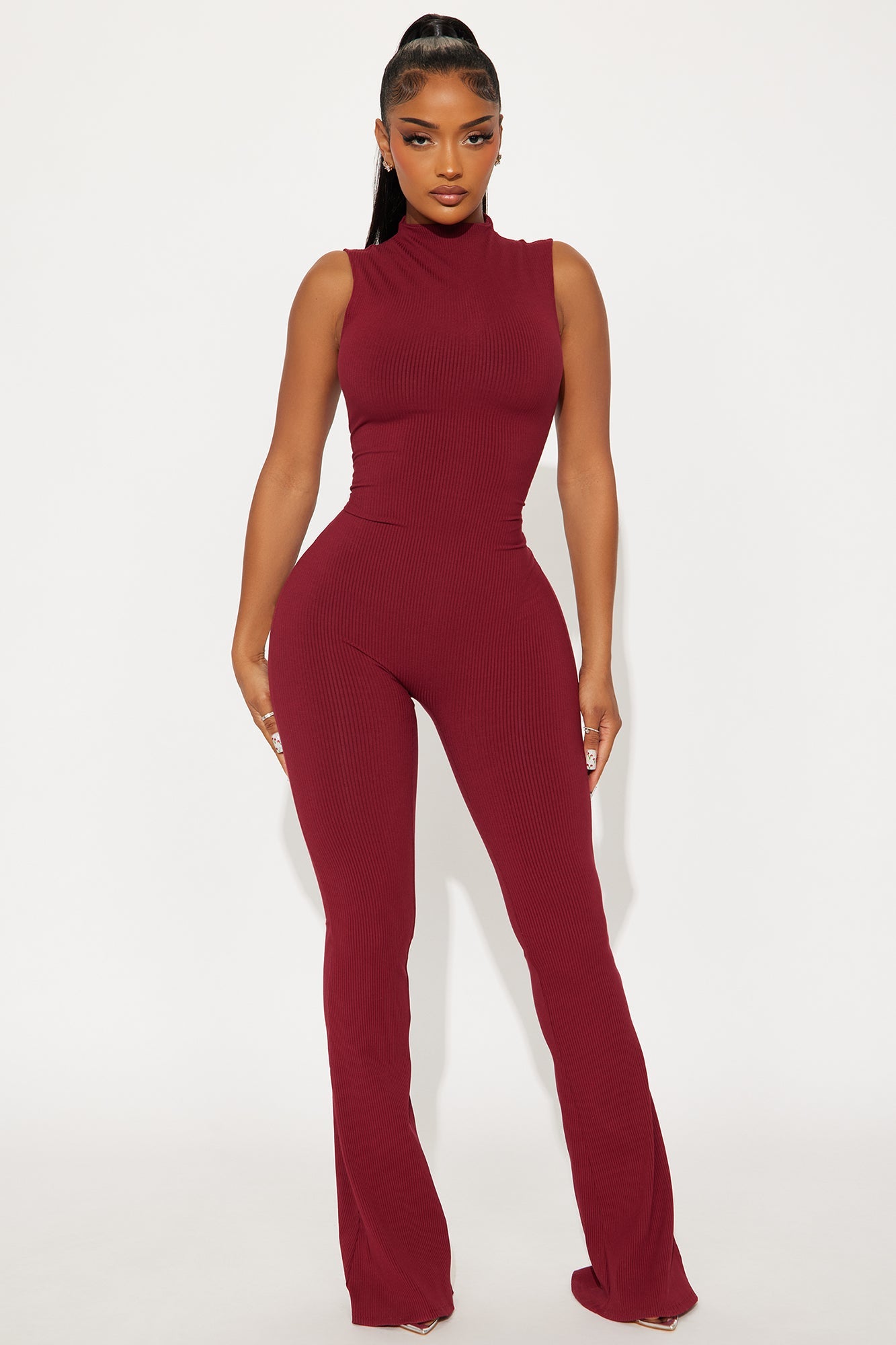 Amber Snatched Flare Jumpsuit - Burgundy