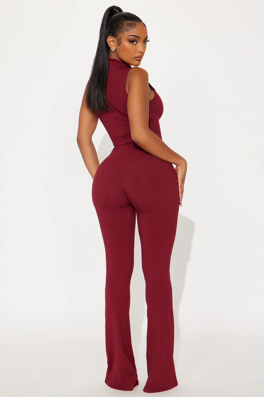 Amber Snatched Flare Jumpsuit - Burgundy