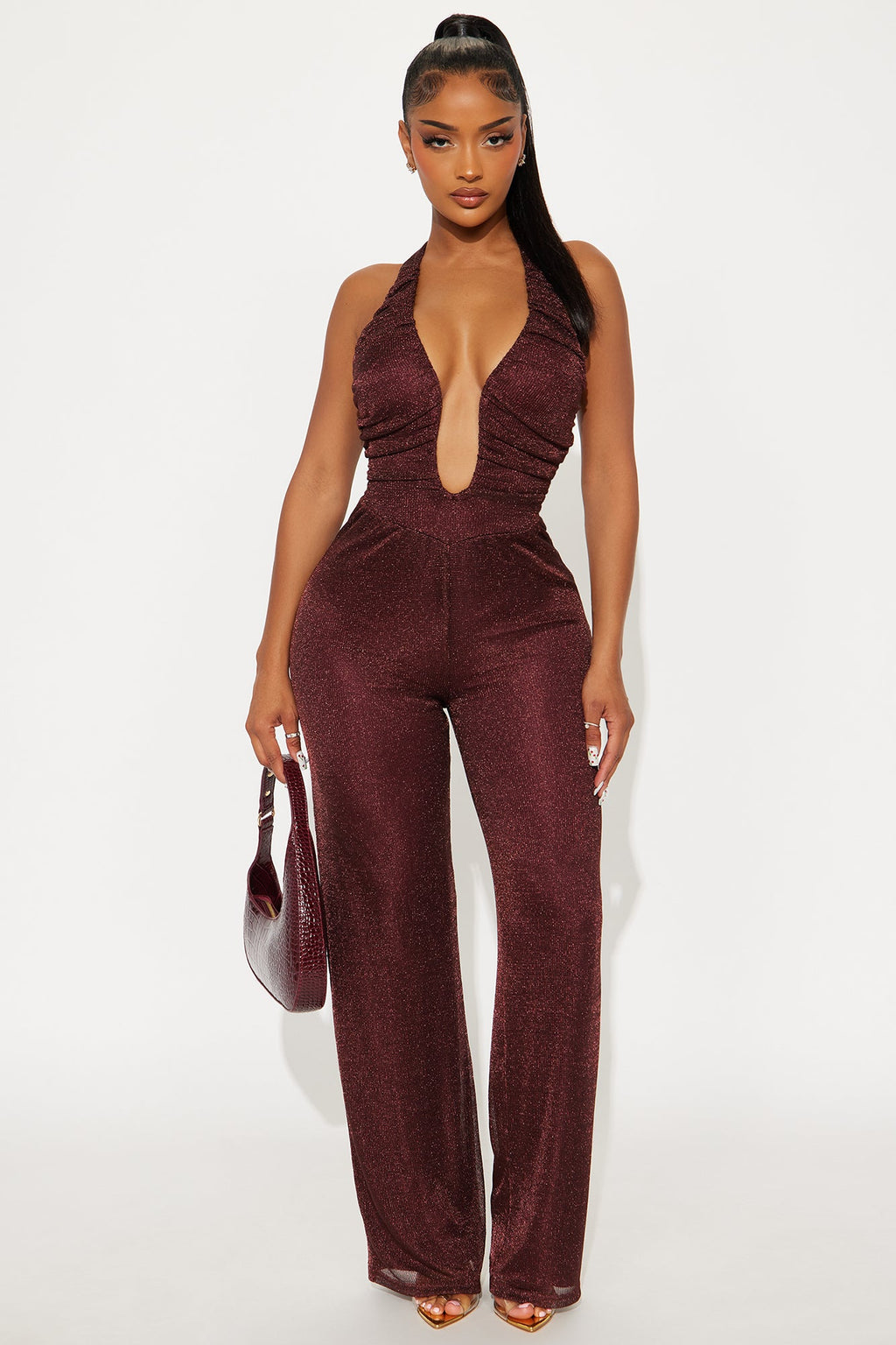 Mayorka Metallic Halter Jumpsuit - Burgundy