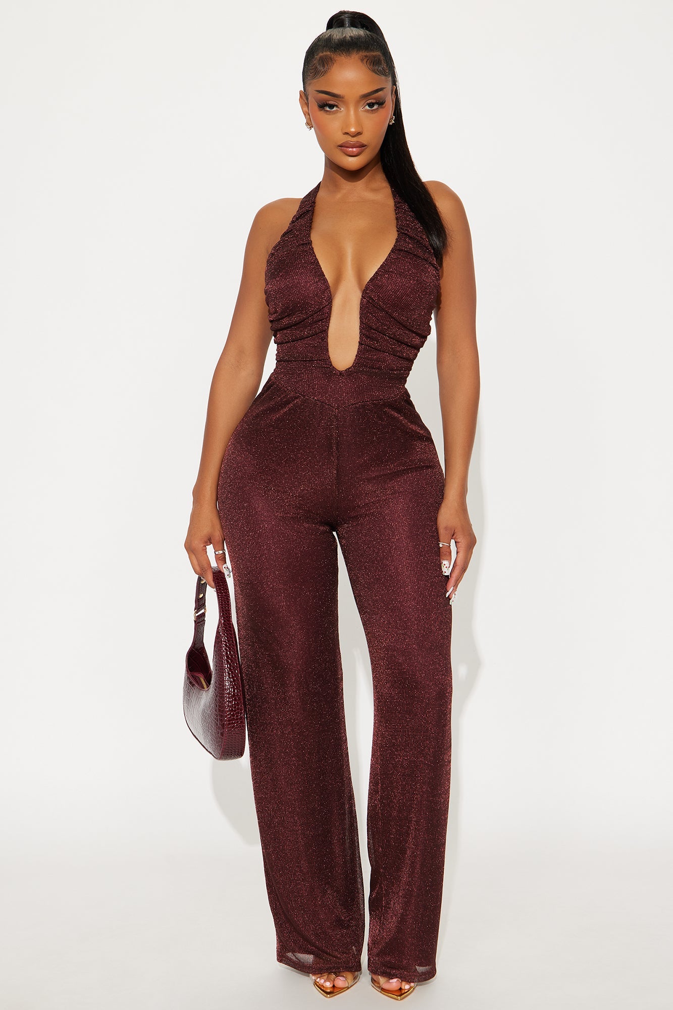 Mayorka Metallic Halter Jumpsuit - Burgundy