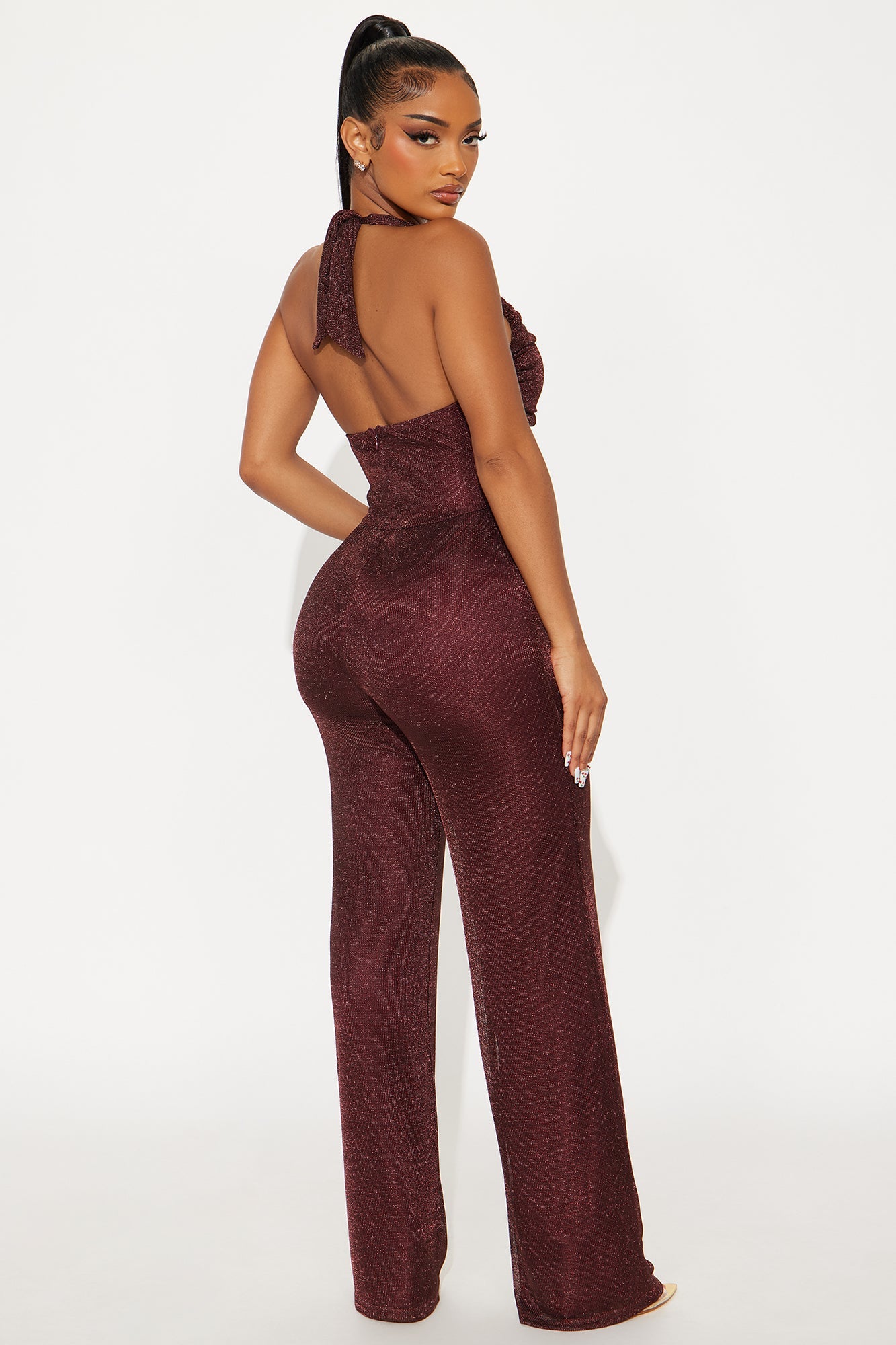 Mayorka Metallic Halter Jumpsuit - Burgundy