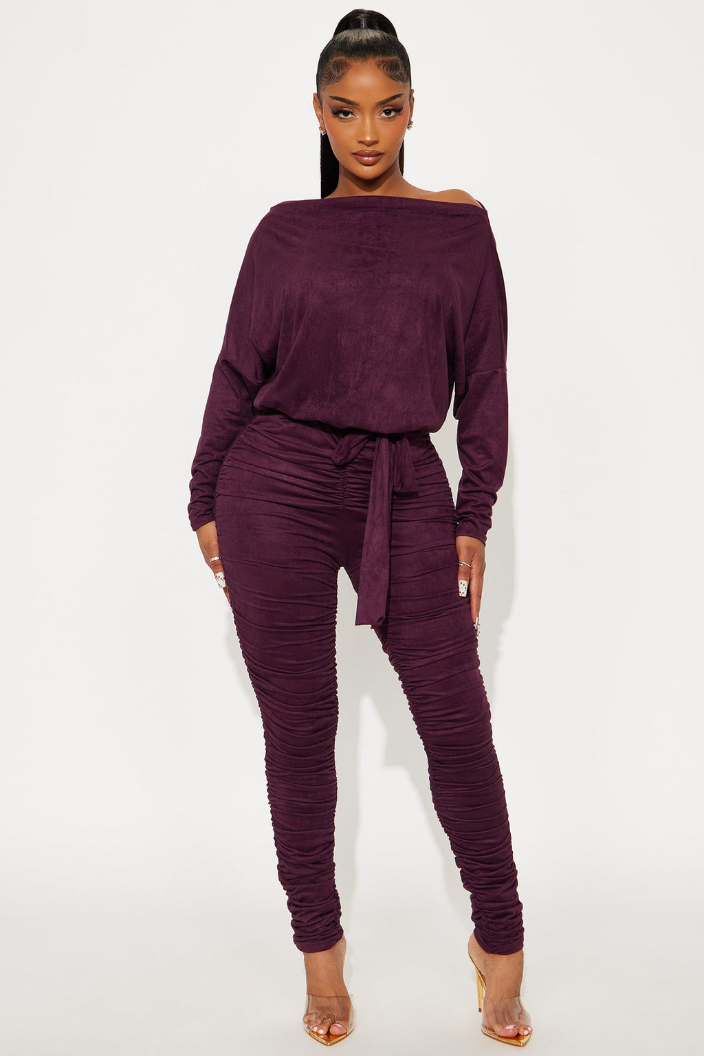 Violetta Faux Suede Off Shoulder Jumpsuit - Plum