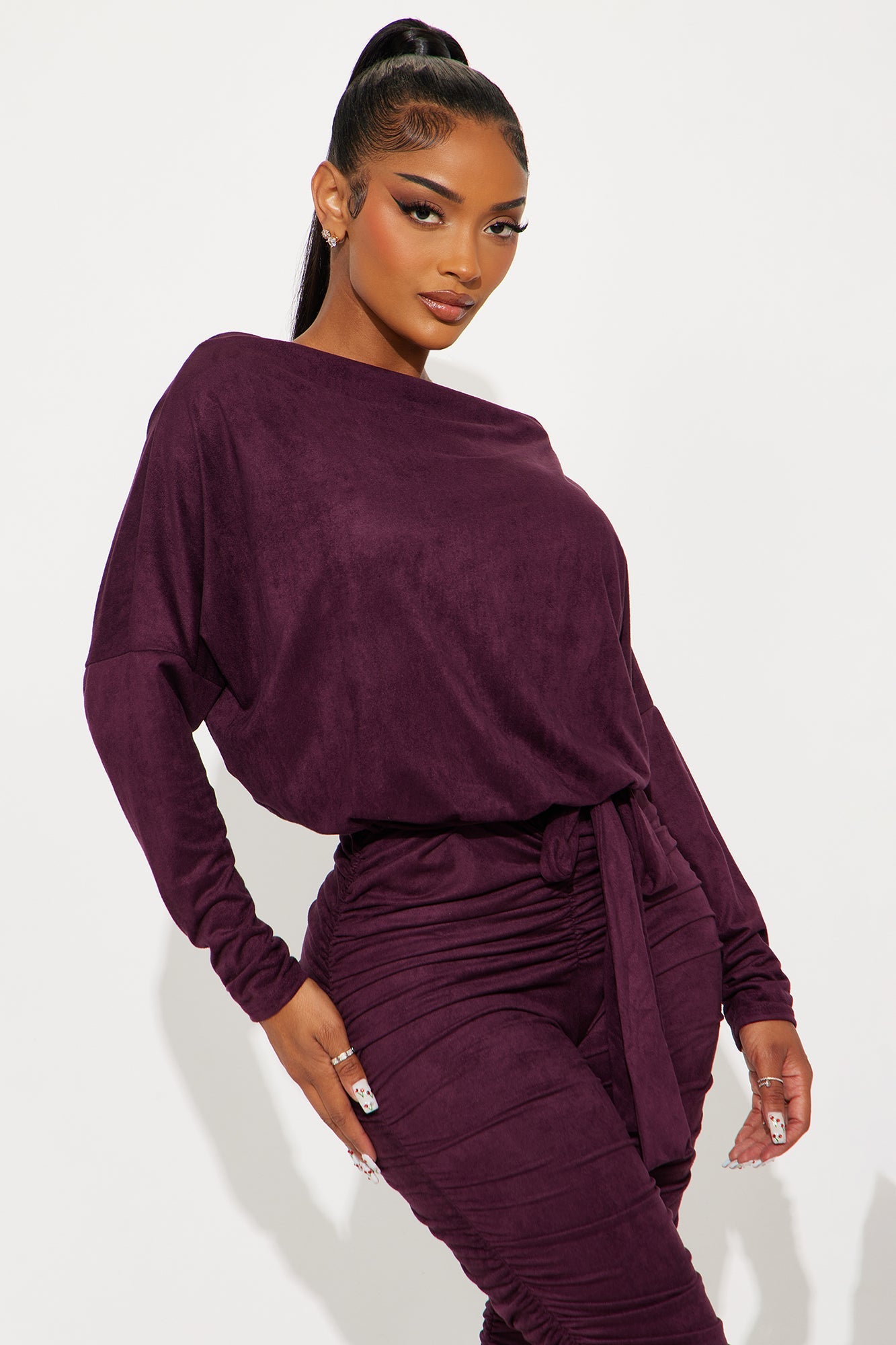 Violetta Faux Suede Off Shoulder Jumpsuit - Plum