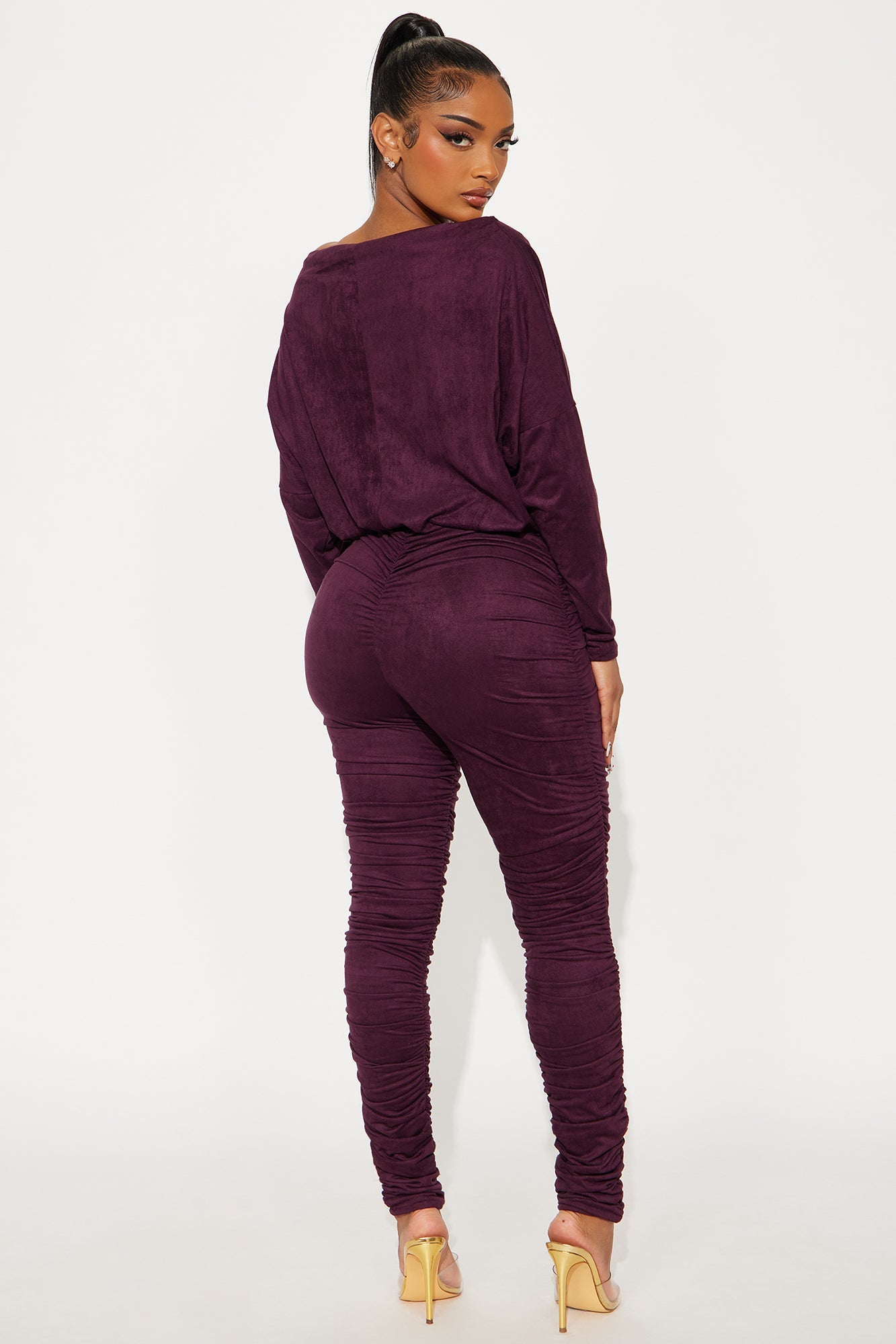 Violetta Faux Suede Off Shoulder Jumpsuit - Plum