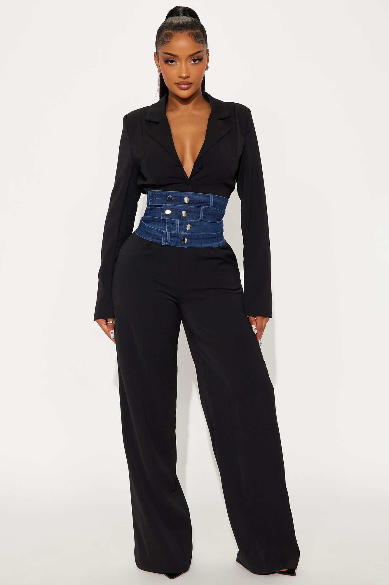 Power Play Belted Blazer Jumpsuit - Black