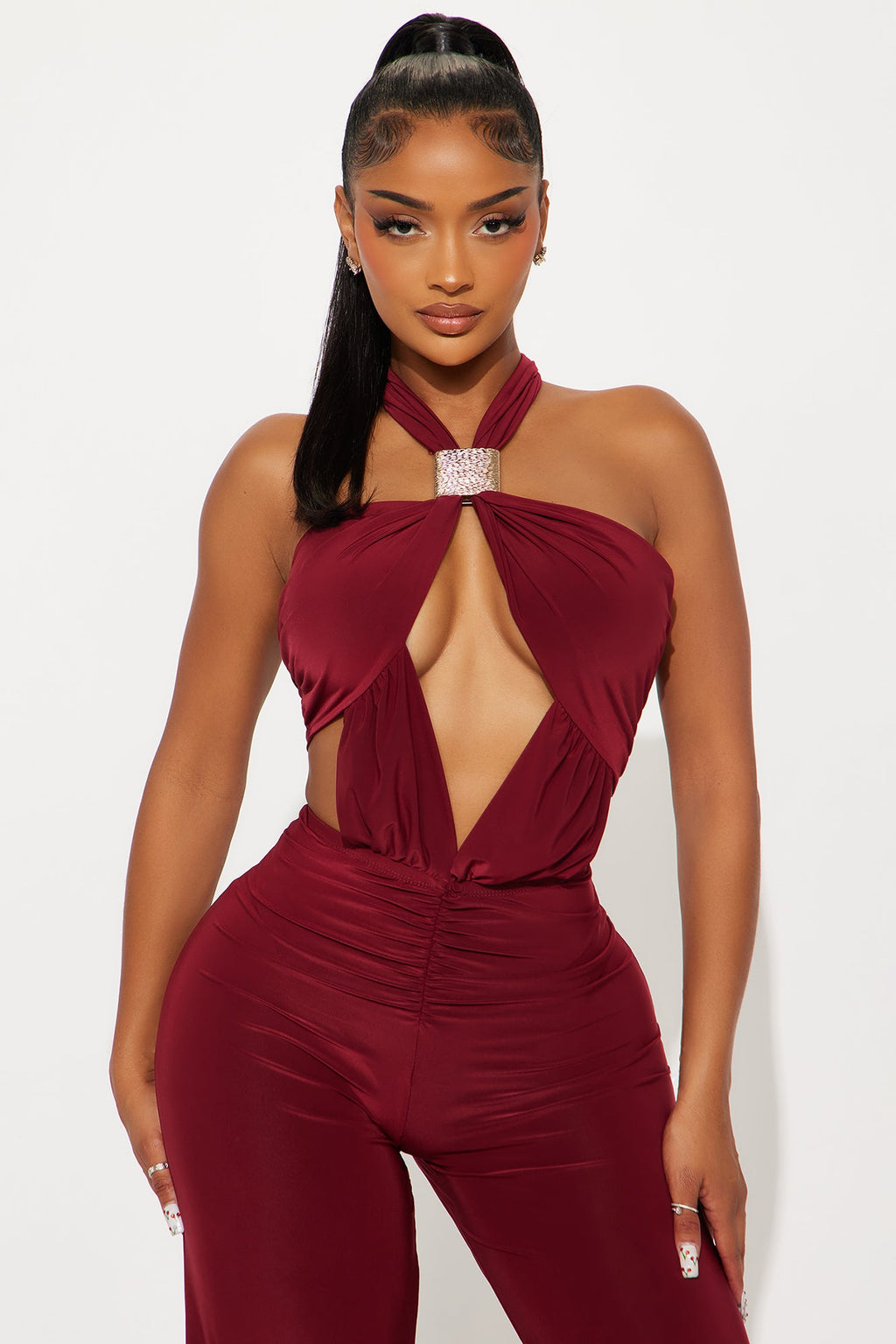Untouchable Halter Wide Leg Jumpsuit - Burgundy