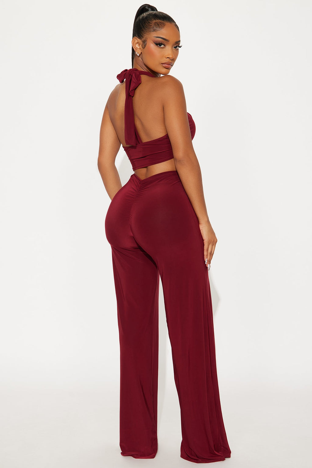 Untouchable Halter Wide Leg Jumpsuit - Burgundy