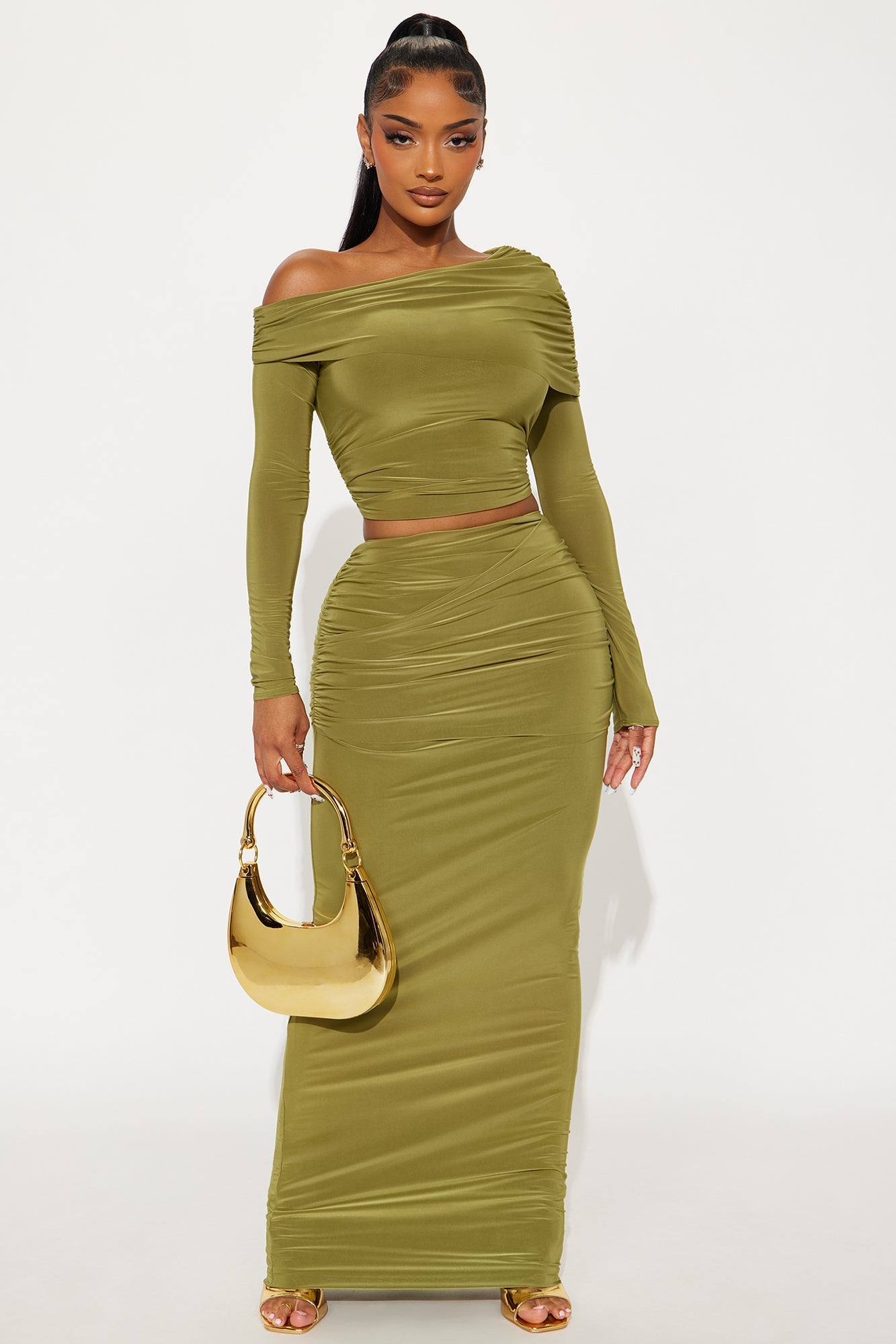 A Special Moment Draped Long Sleeve Maxi Skirt Set - Olive