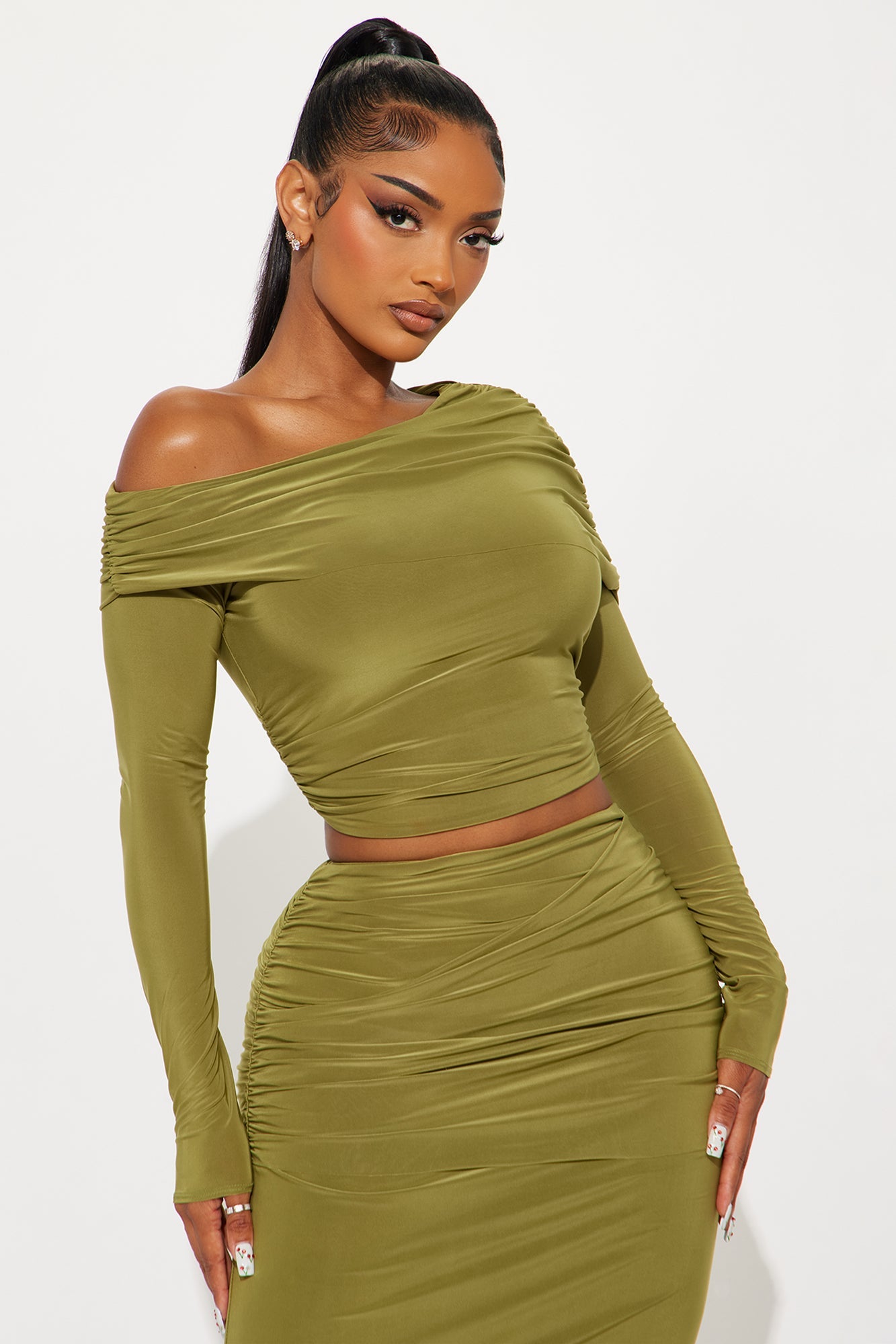 A Special Moment Draped Long Sleeve Maxi Skirt Set - Olive