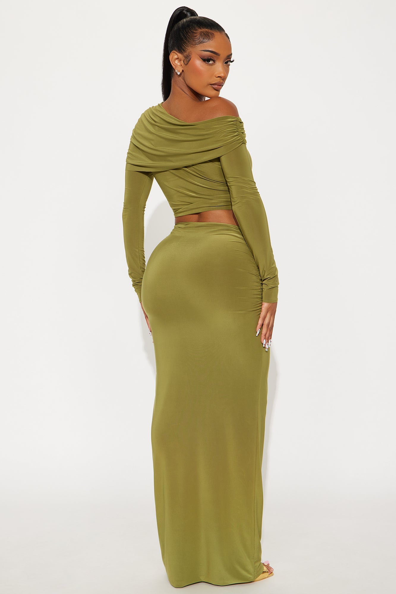 A Special Moment Draped Long Sleeve Maxi Skirt Set - Olive