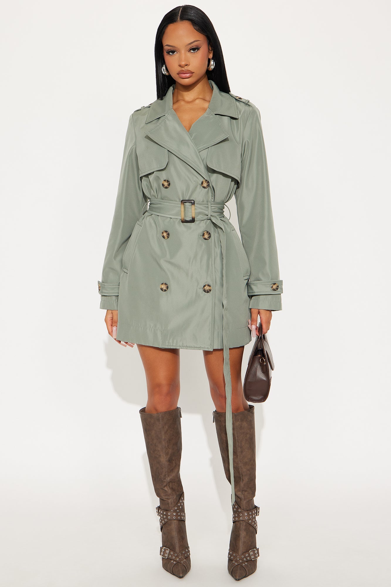 Avery Belted Nylon Trench Coat - Sage