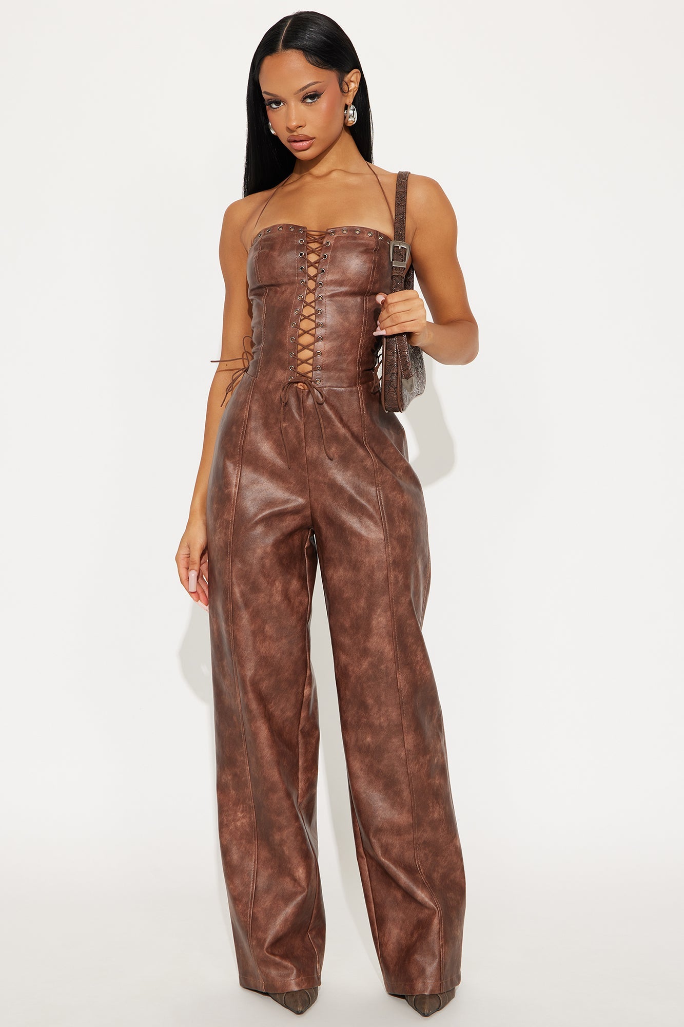 No Hard Feelings Faux Leather Jumpsuit - Brown