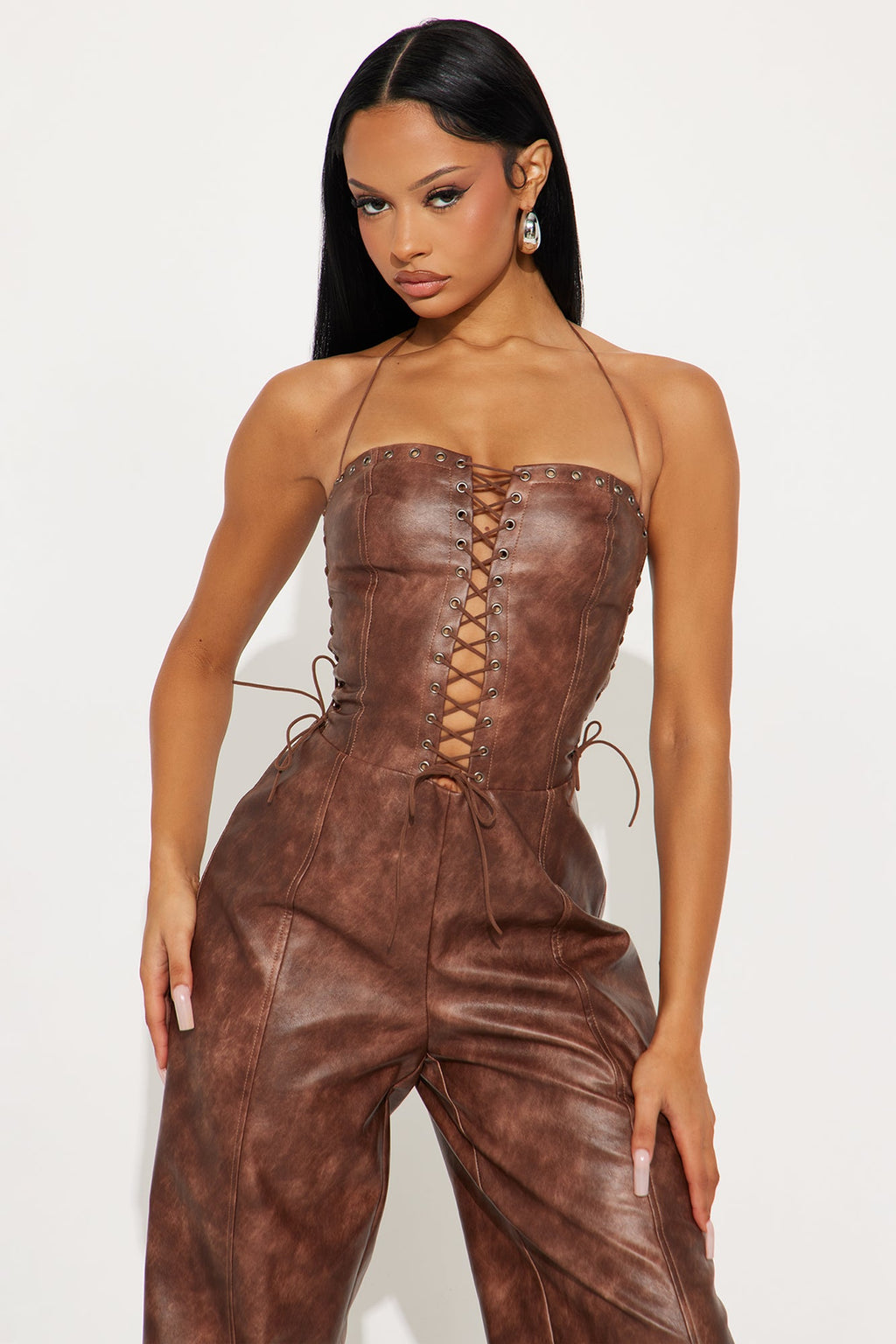 No Hard Feelings Faux Leather Jumpsuit - Brown