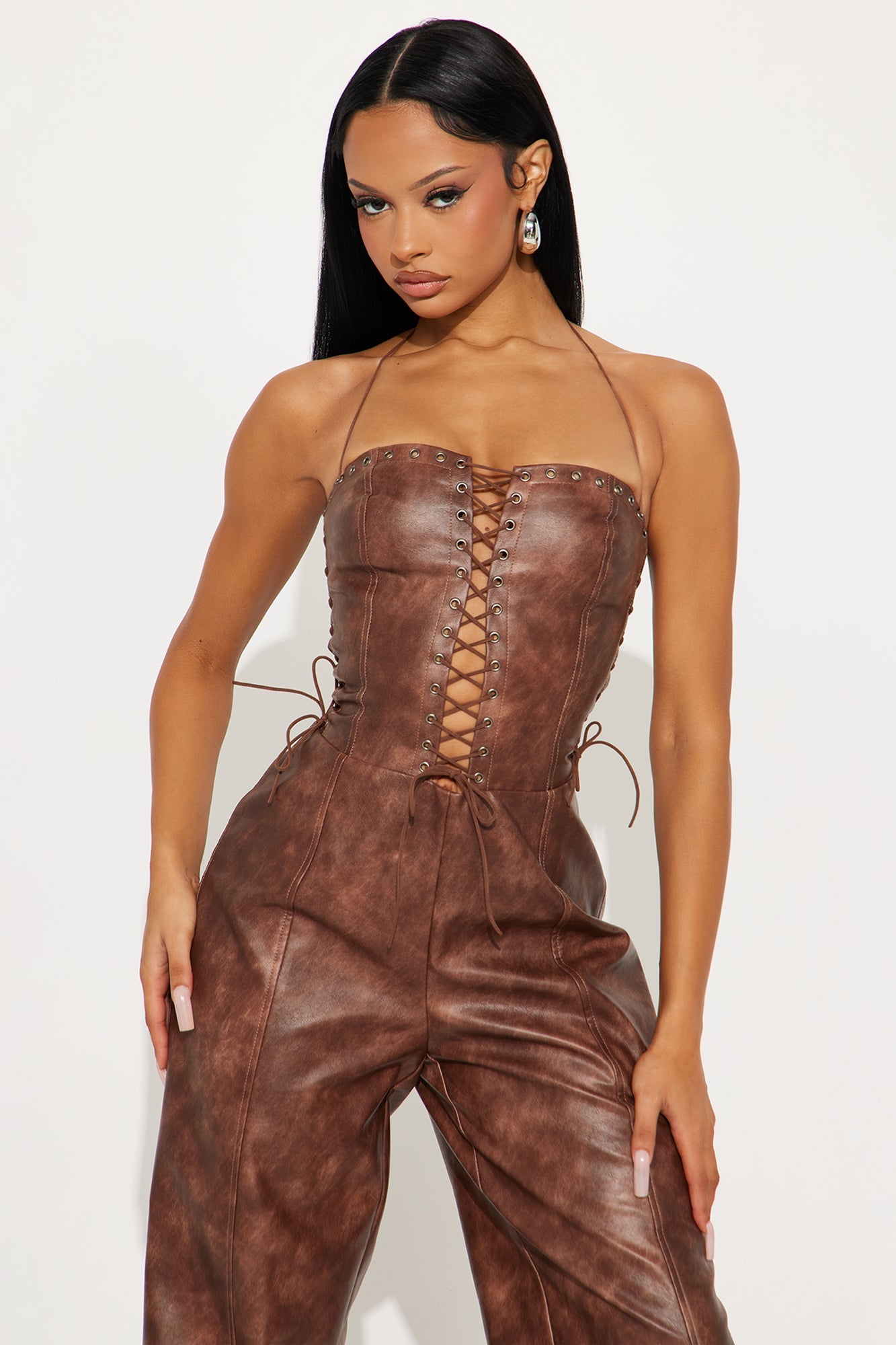 No Hard Feelings Faux Leather Jumpsuit - Brown