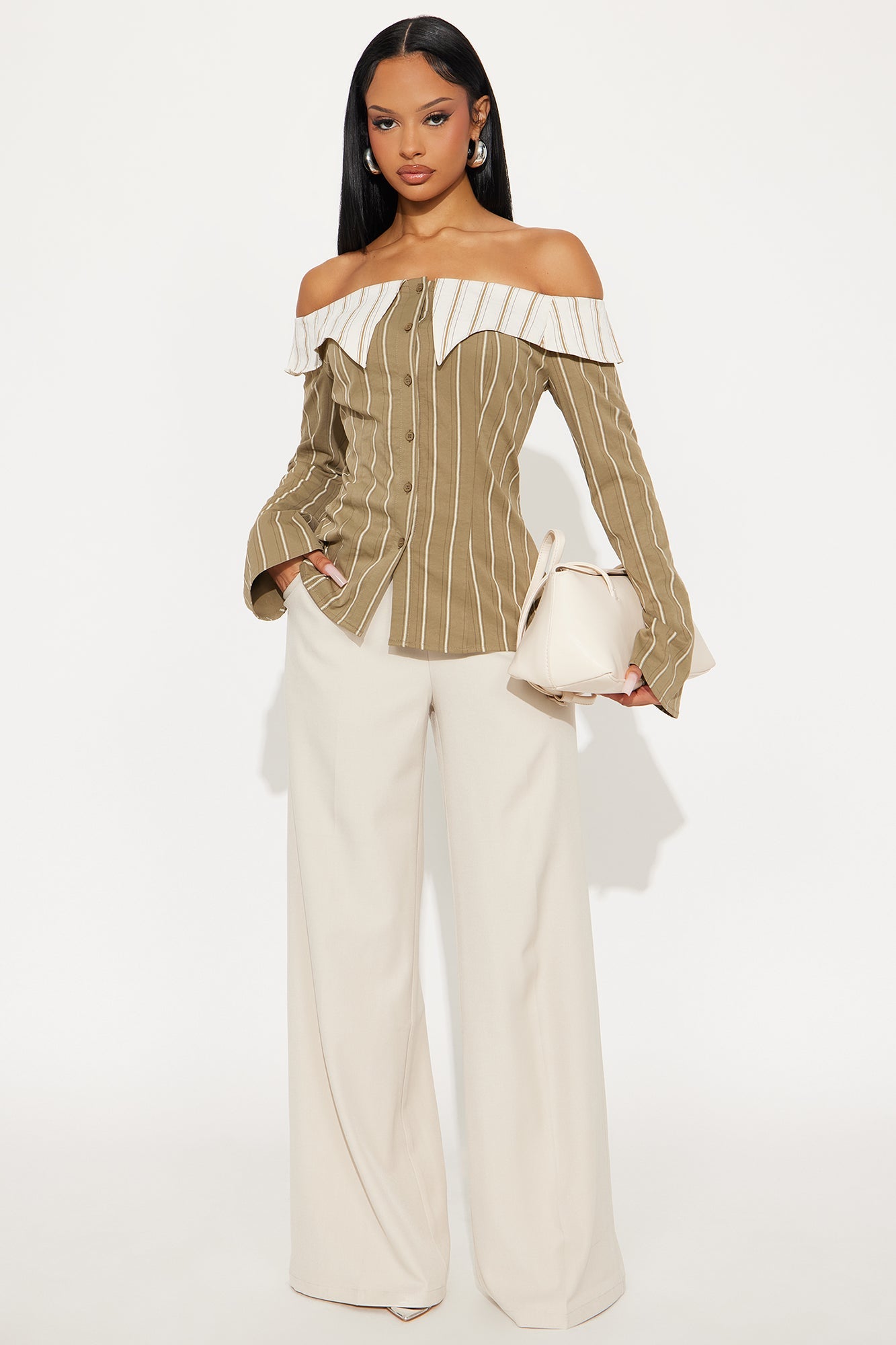 Spilling Secrets Off Shoulder Pinstripe Shirt - Olive/combo