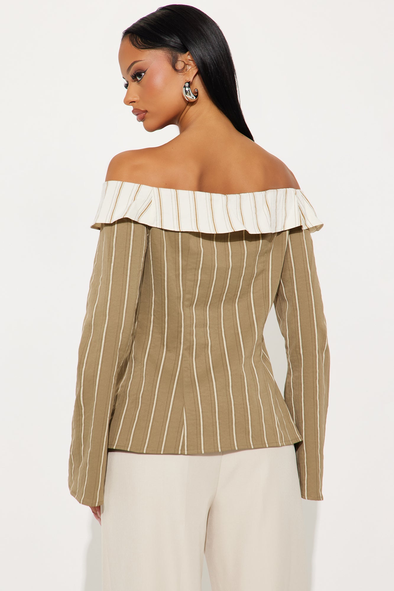 Spilling Secrets Off Shoulder Pinstripe Shirt - Olive/combo