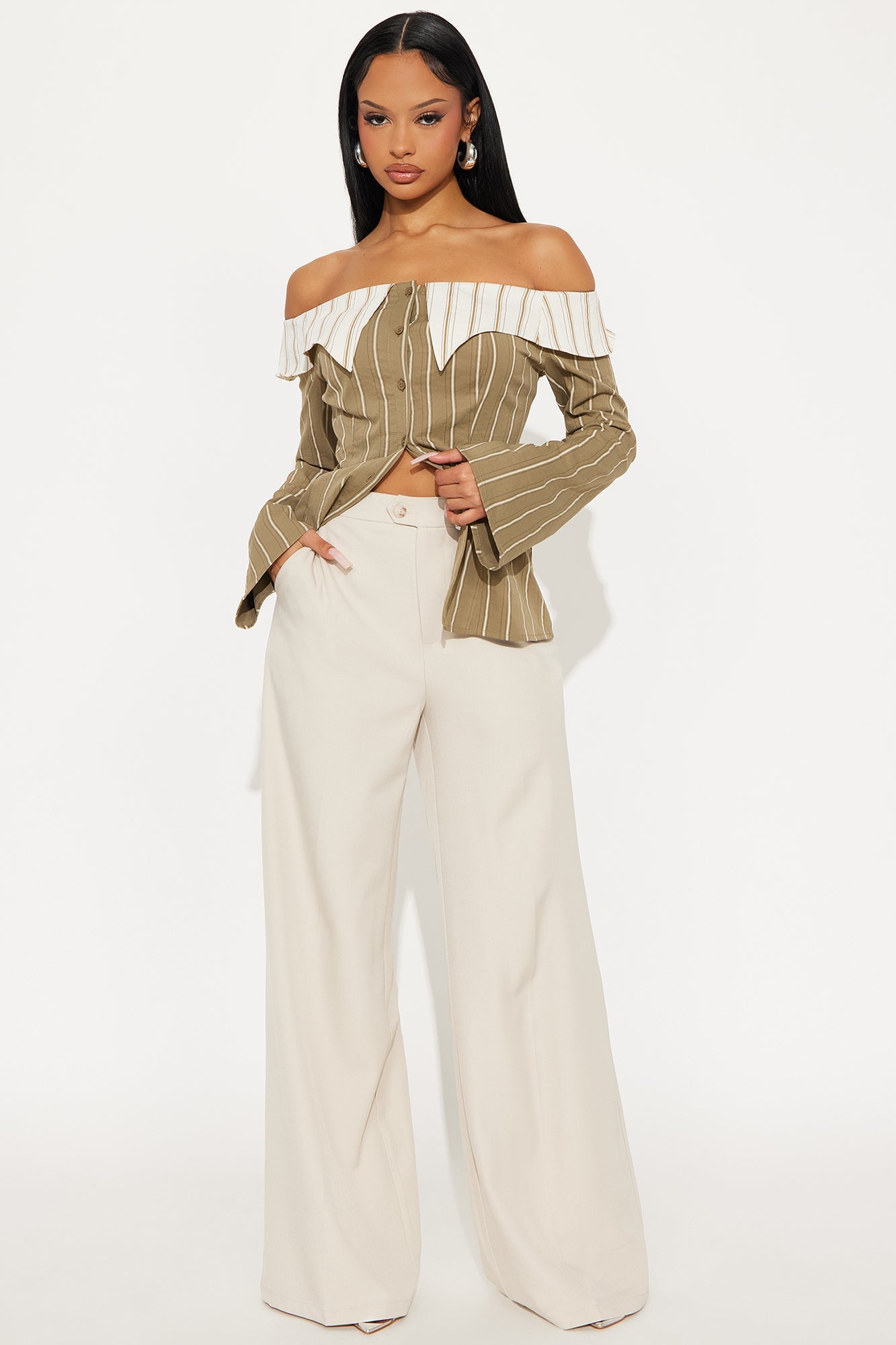 Beatrice Hardware Wide Leg Trouser Pant 33″ - Stone