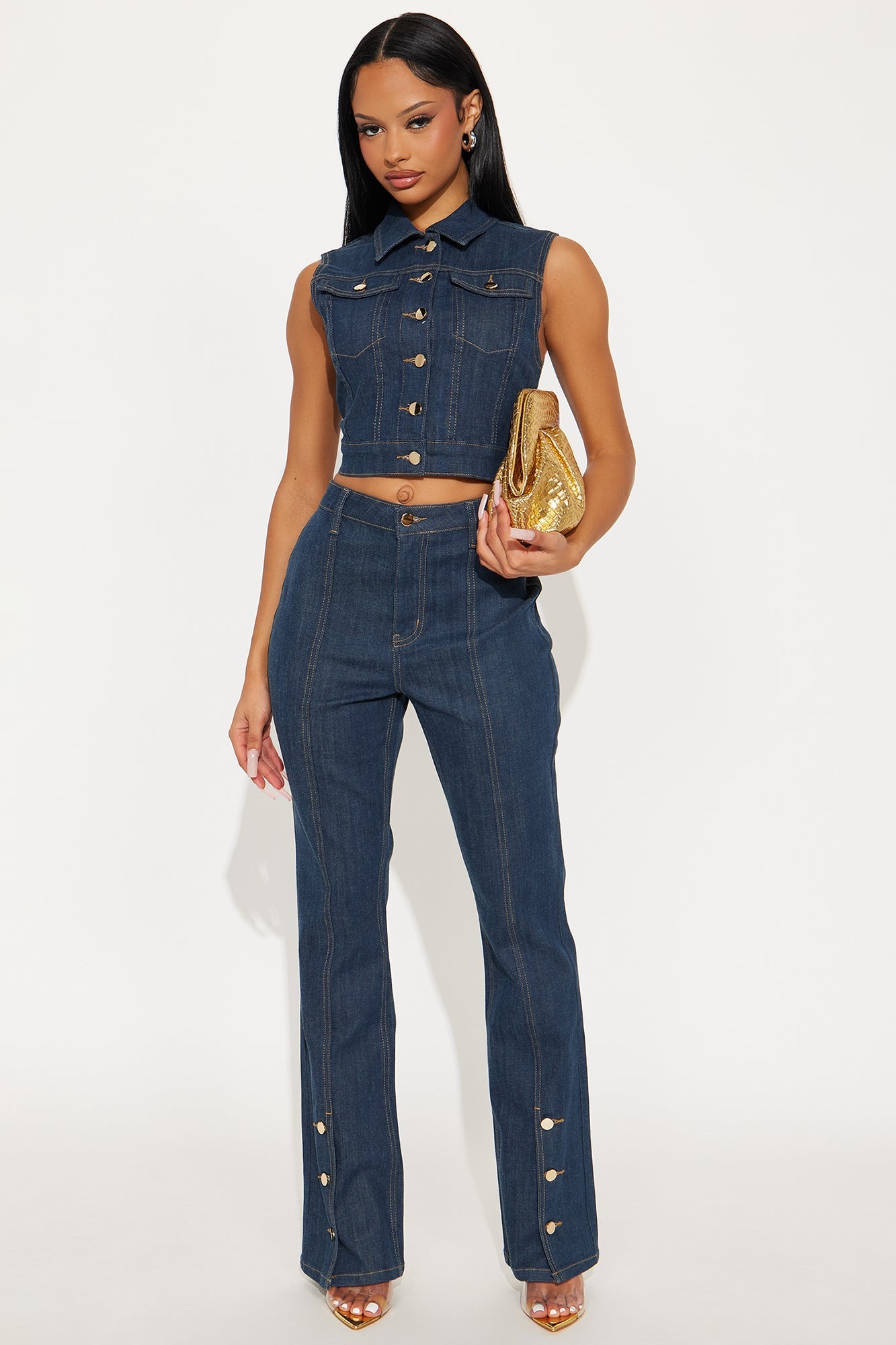 Button Up Stretch Tailored Vest - Dark Wash