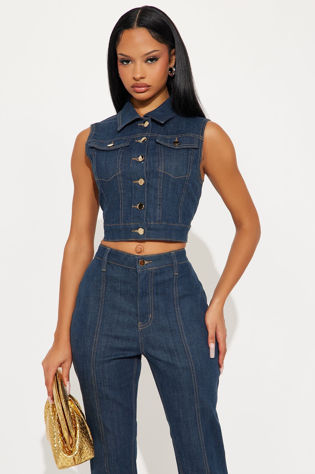 Button Up Stretch Tailored Vest - Dark Wash