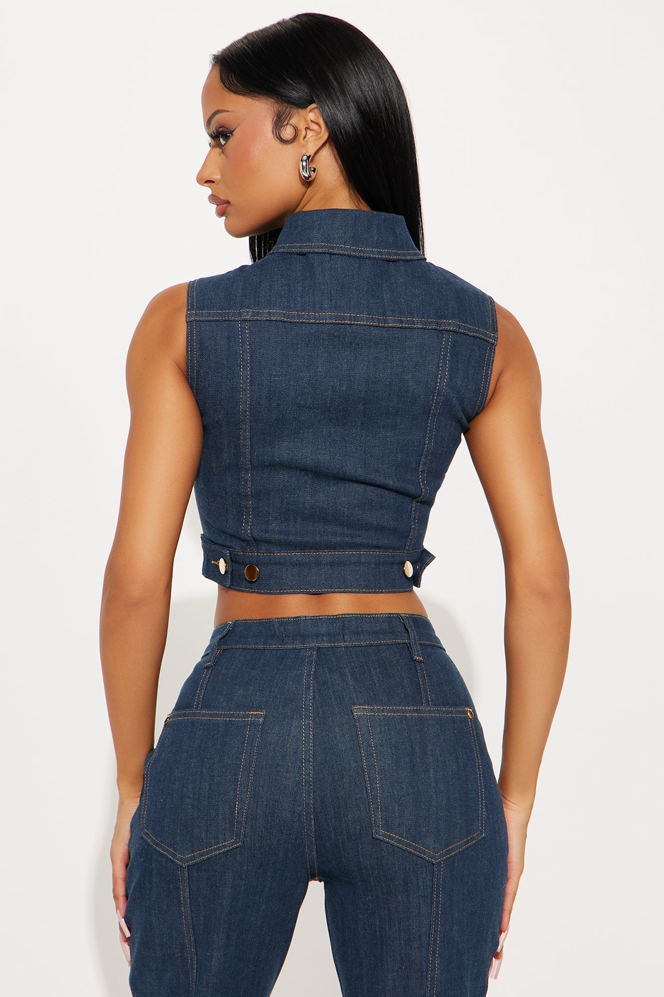 Button Up Stretch Tailored Vest - Dark Wash
