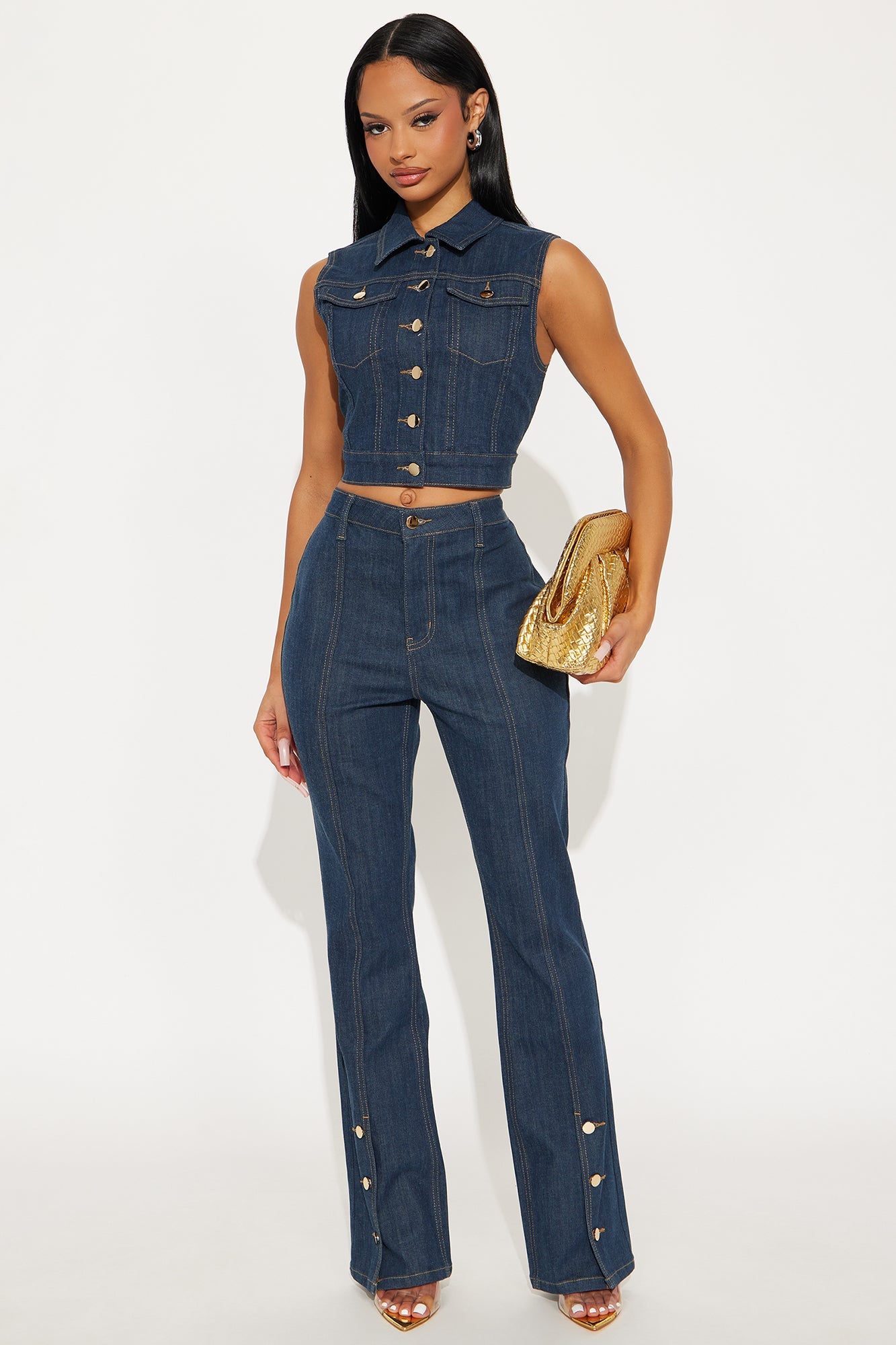 Button Up Stretch Tailored Bootcut Jeans - Dark Wash