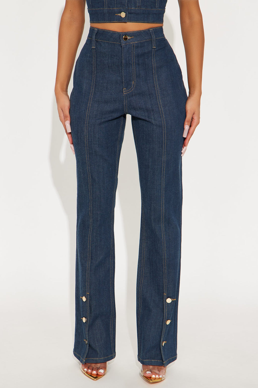 Button Up Stretch Tailored Bootcut Jeans - Dark Wash