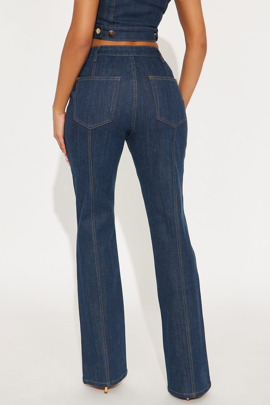 Button Up Stretch Tailored Bootcut Jeans - Dark Wash