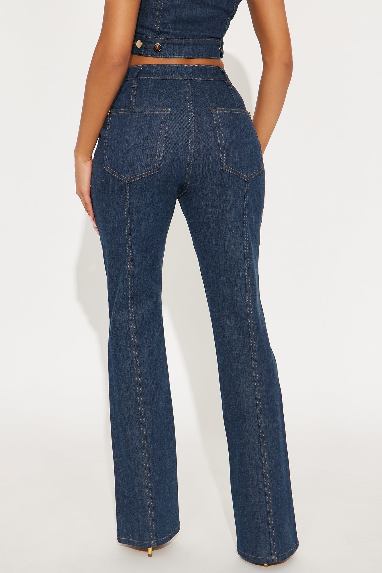 Button Up Stretch Tailored Bootcut Jeans - Dark Wash