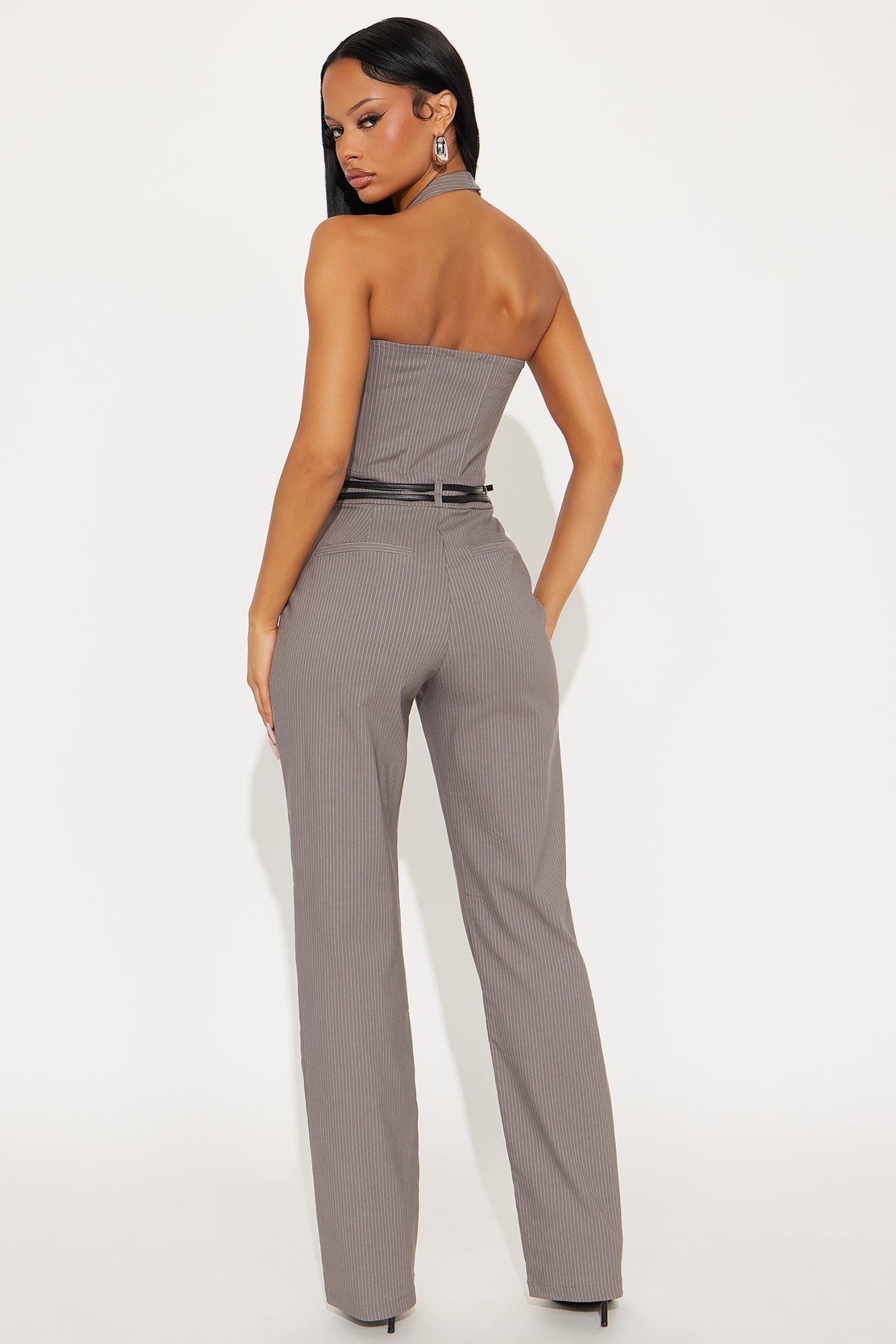 Talia Halter Pinstripe Belted Jumpsuit - Charcoal